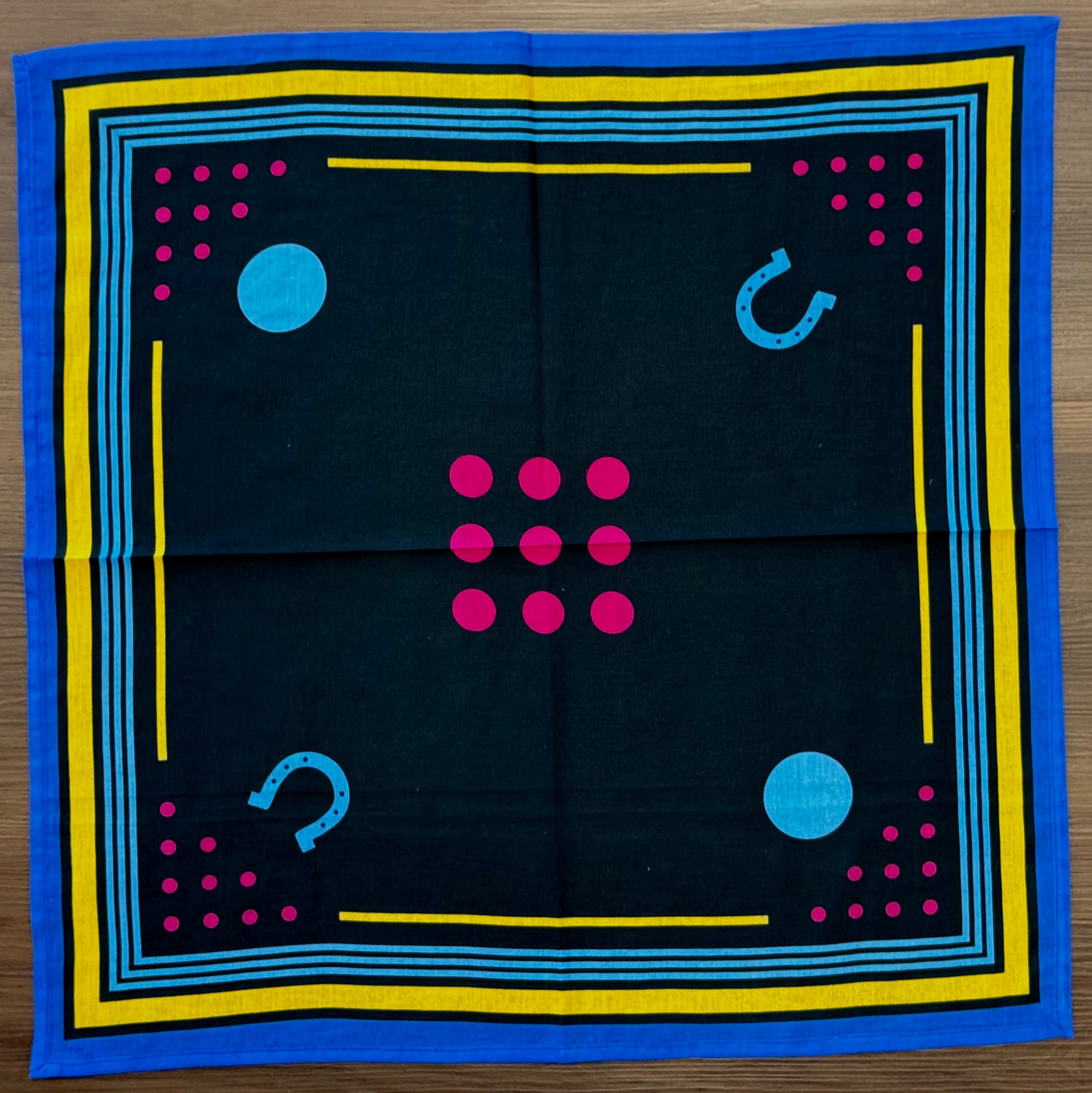 Archie Bandana No. 31 - Blue and Pink Dots and Horseshoe on Black and Blue