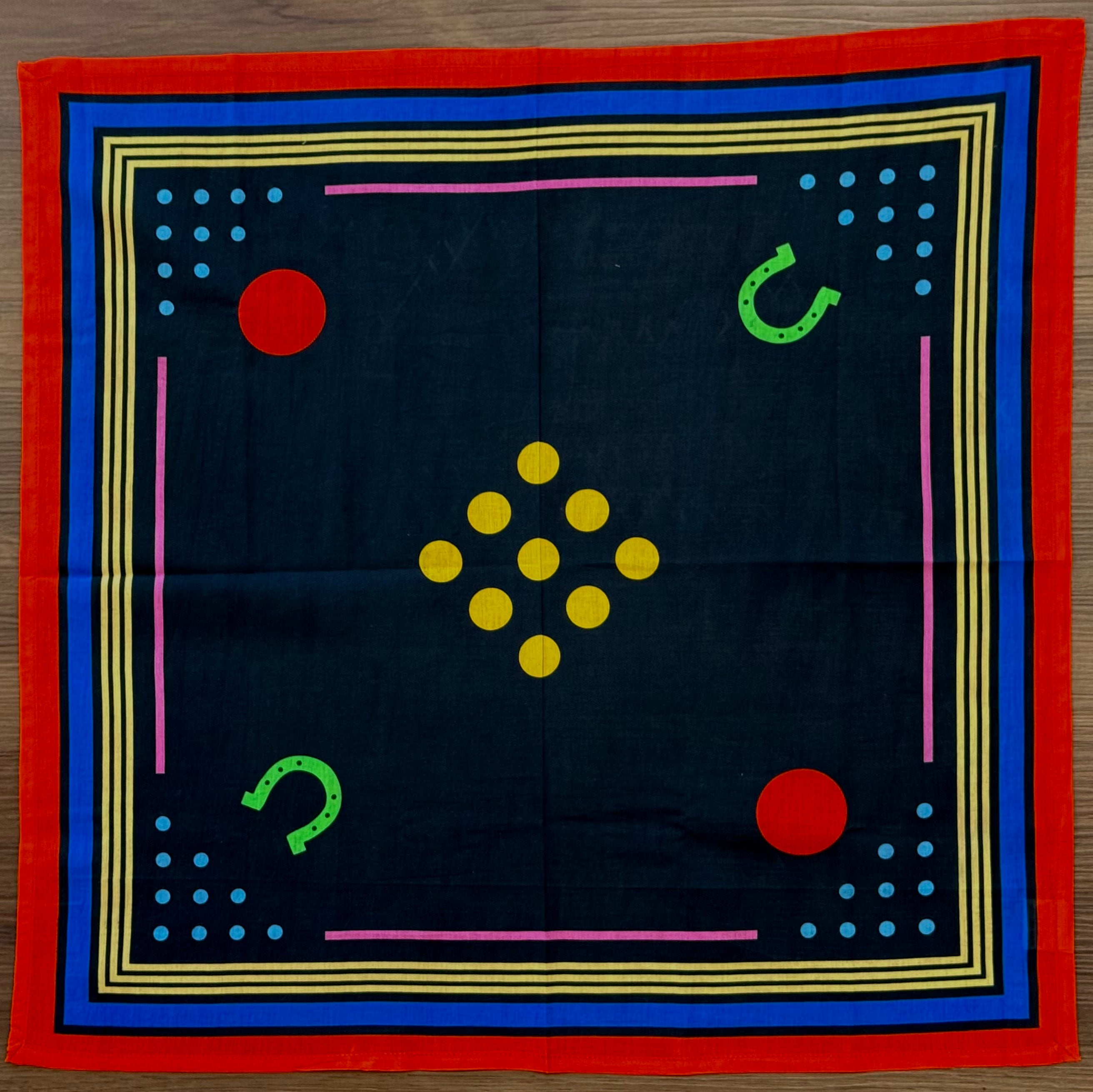 Archie Bandana No. 32 - Red, Yellow, Blue and Green Dots and Horseshoe on Black