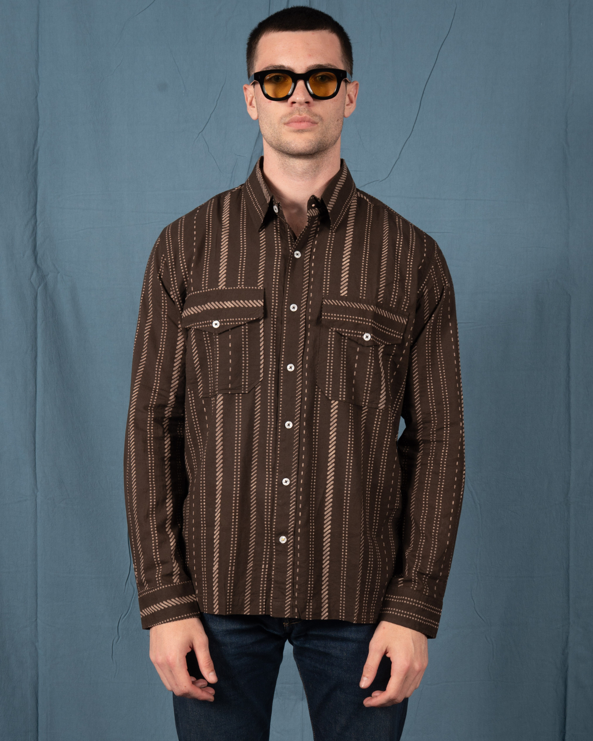 Hand Printed 'Jesse' Shirt in Chocolate Stripes