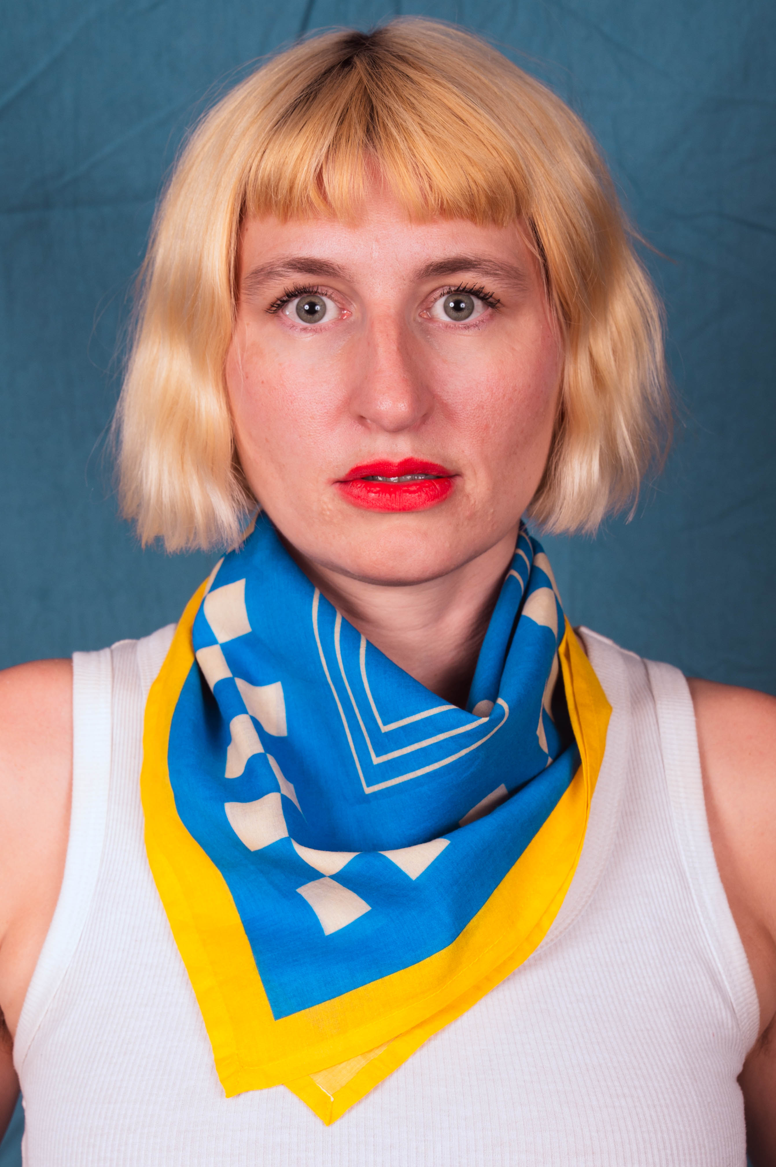 Archie Bandana No. 20 - Dots and Squares on Blue and Yellow