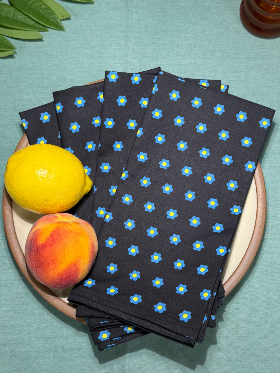 Raaga Napkins - Black and Blue Flower - Hand Printed - Set of 4