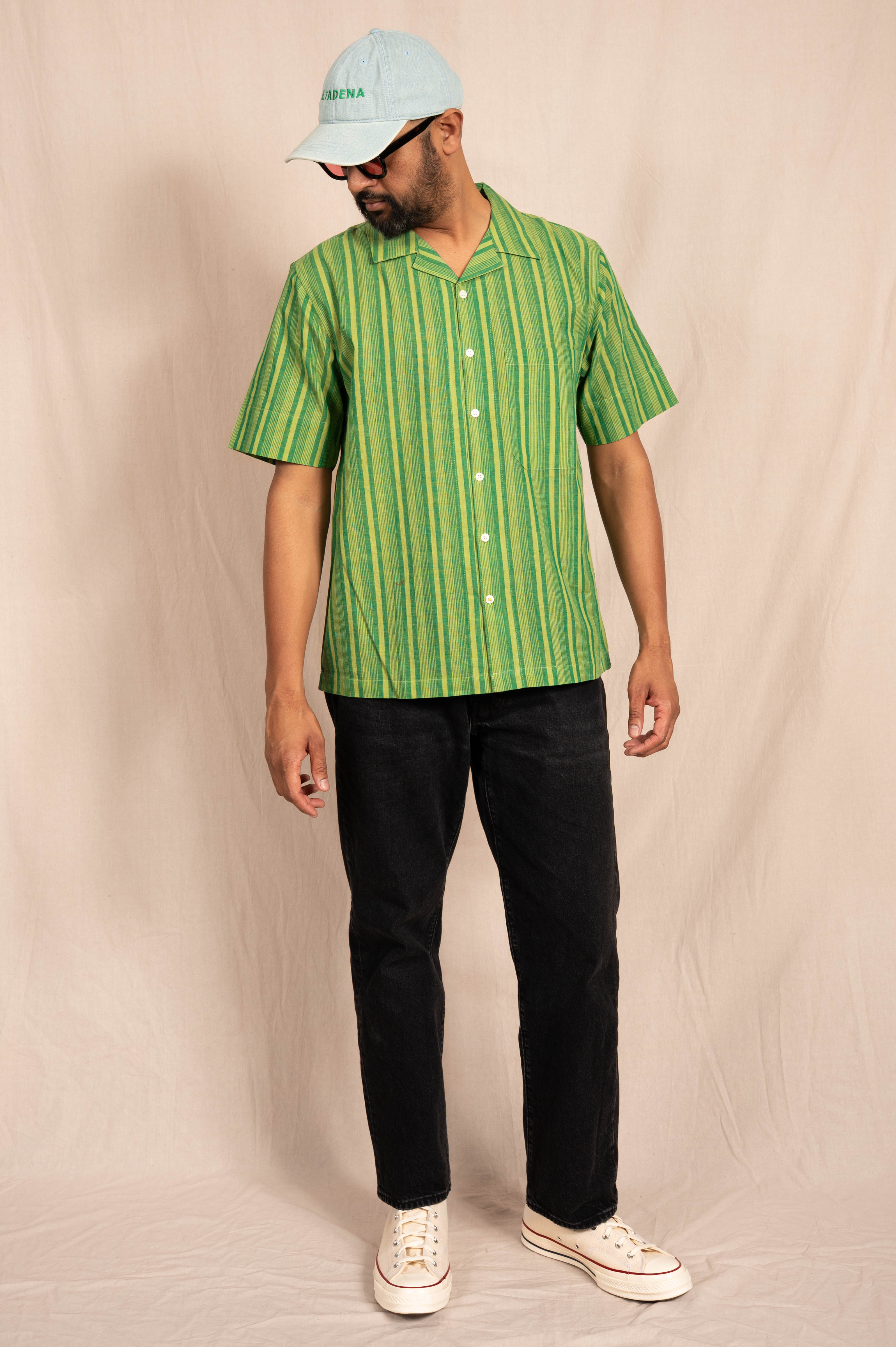 'The Nero' Camp Shirt in Green and White Stripes