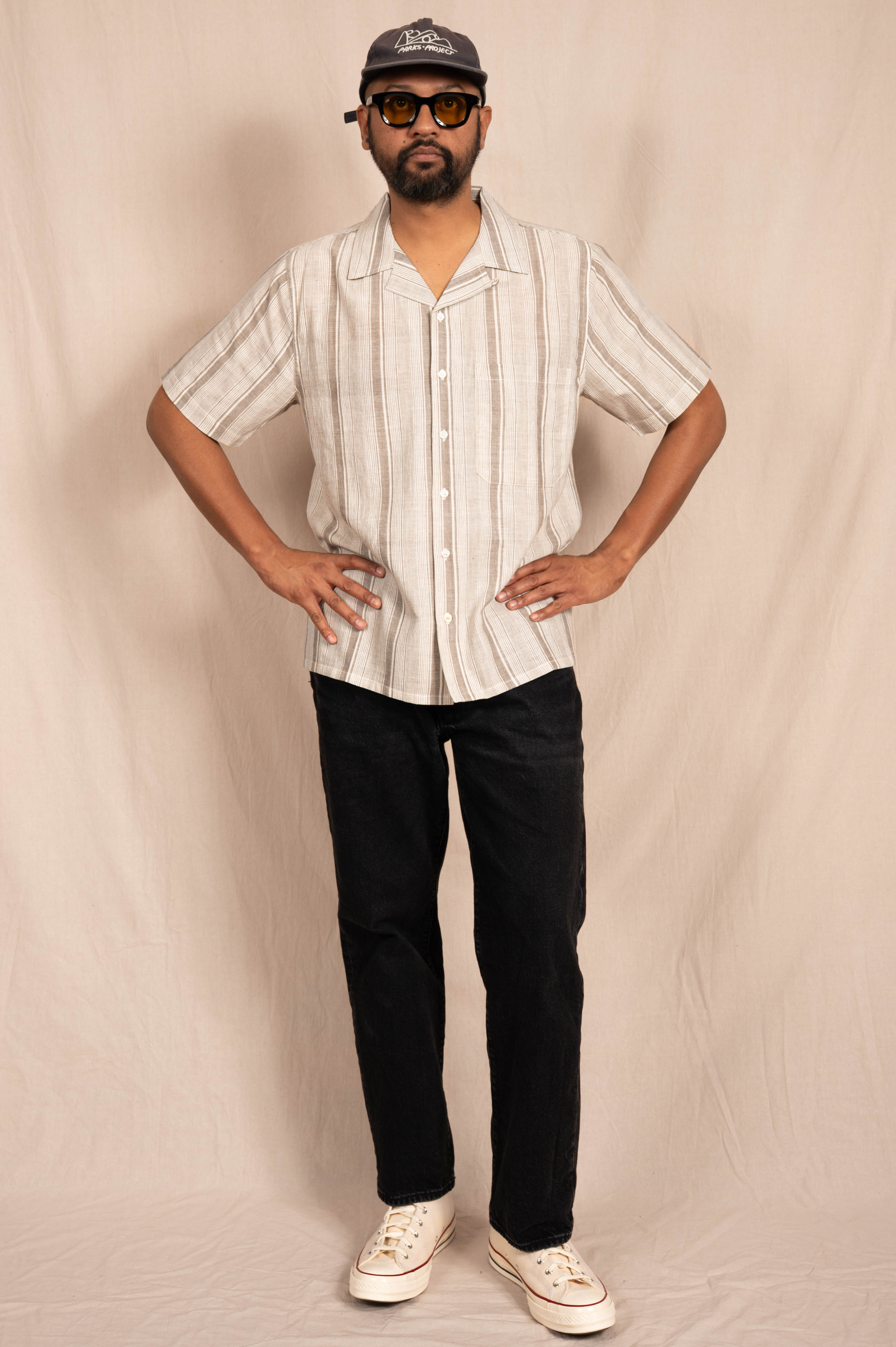 'The Don' Camp Shirt in White and Gray Stripes