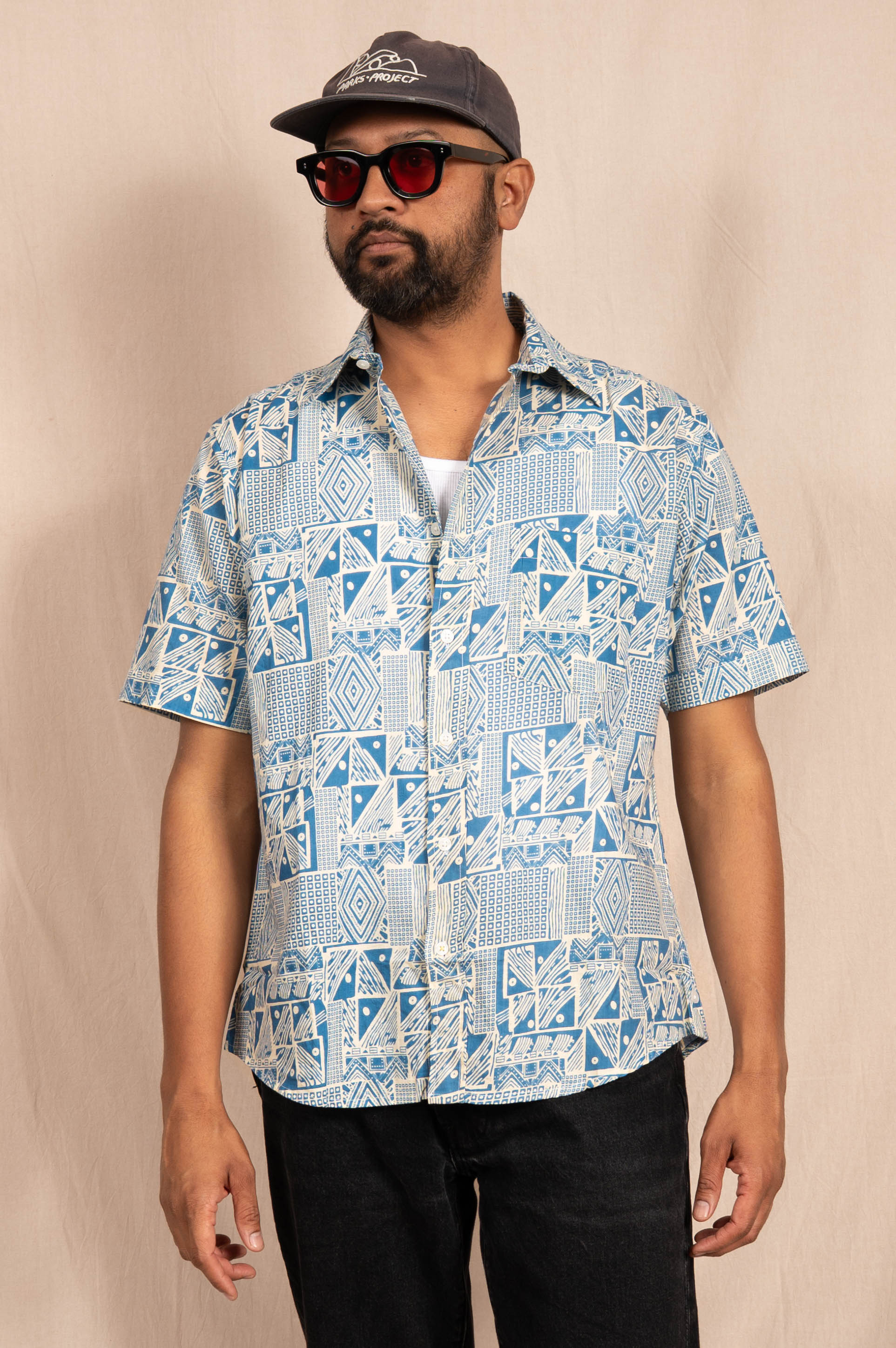 'The Folk' Shirt in Blue Abstract Art Print