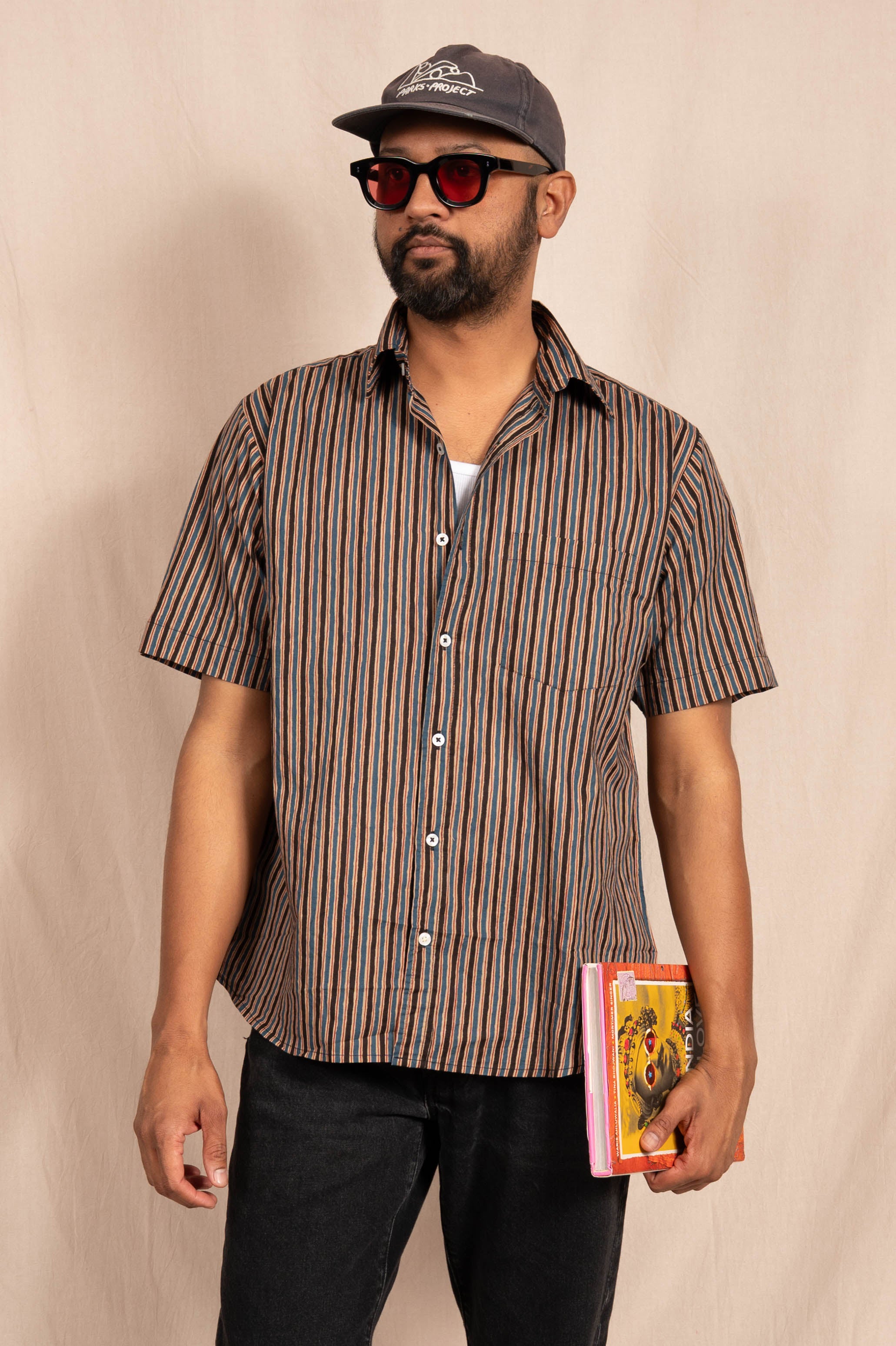 'The Folk' Shirt in Blue, Brown and Gray Stripes
