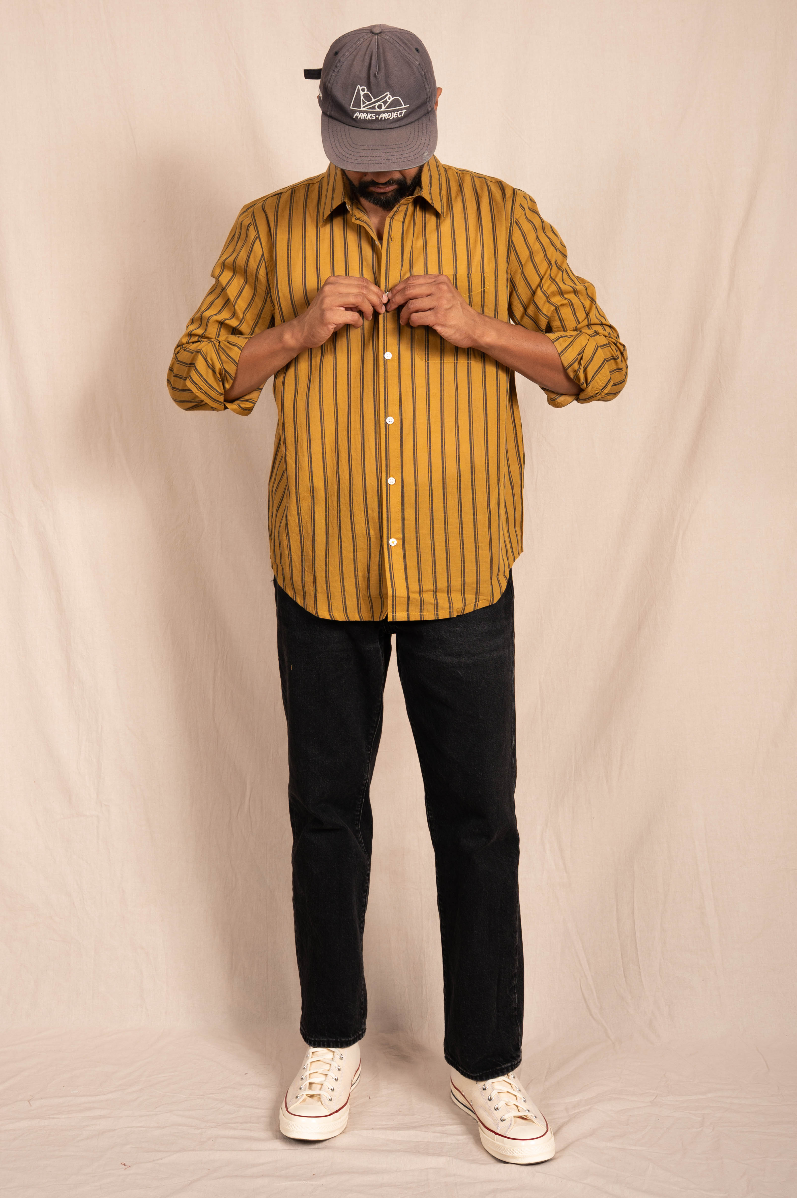 'The Brady' Long Sleeve Shirt in Mustard and Black Stripes
