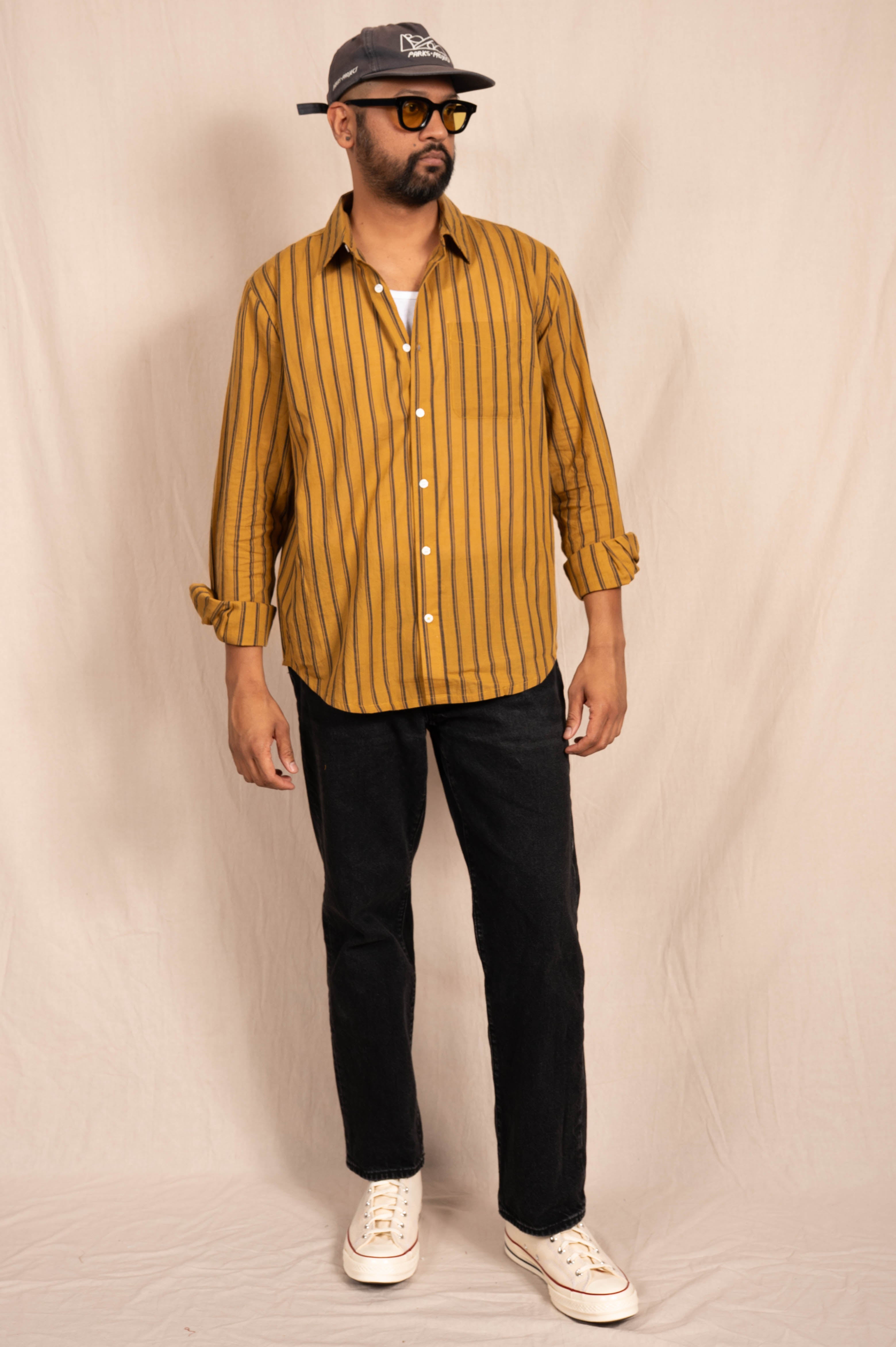 'The Brady' Long Sleeve Shirt in Mustard and Black Stripes