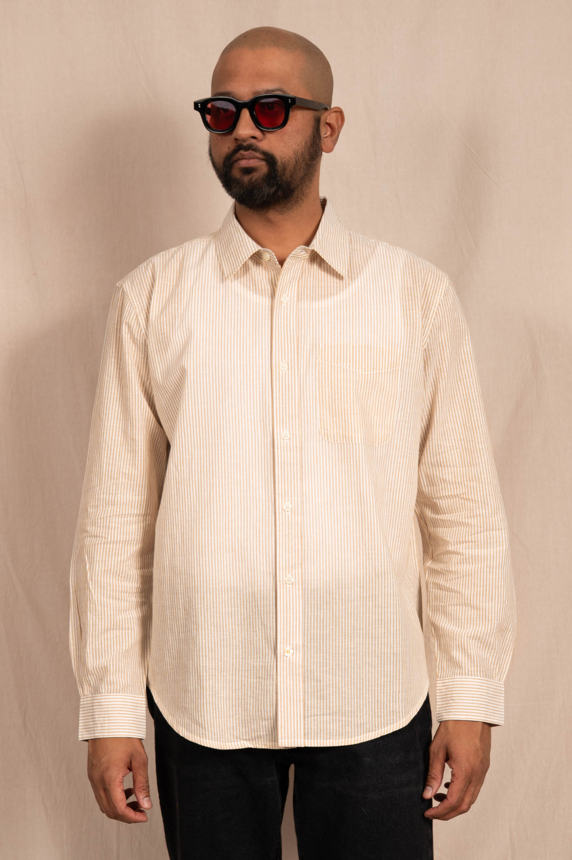 'The Brady' Long Sleeve Shirt in White and Beige Stripes