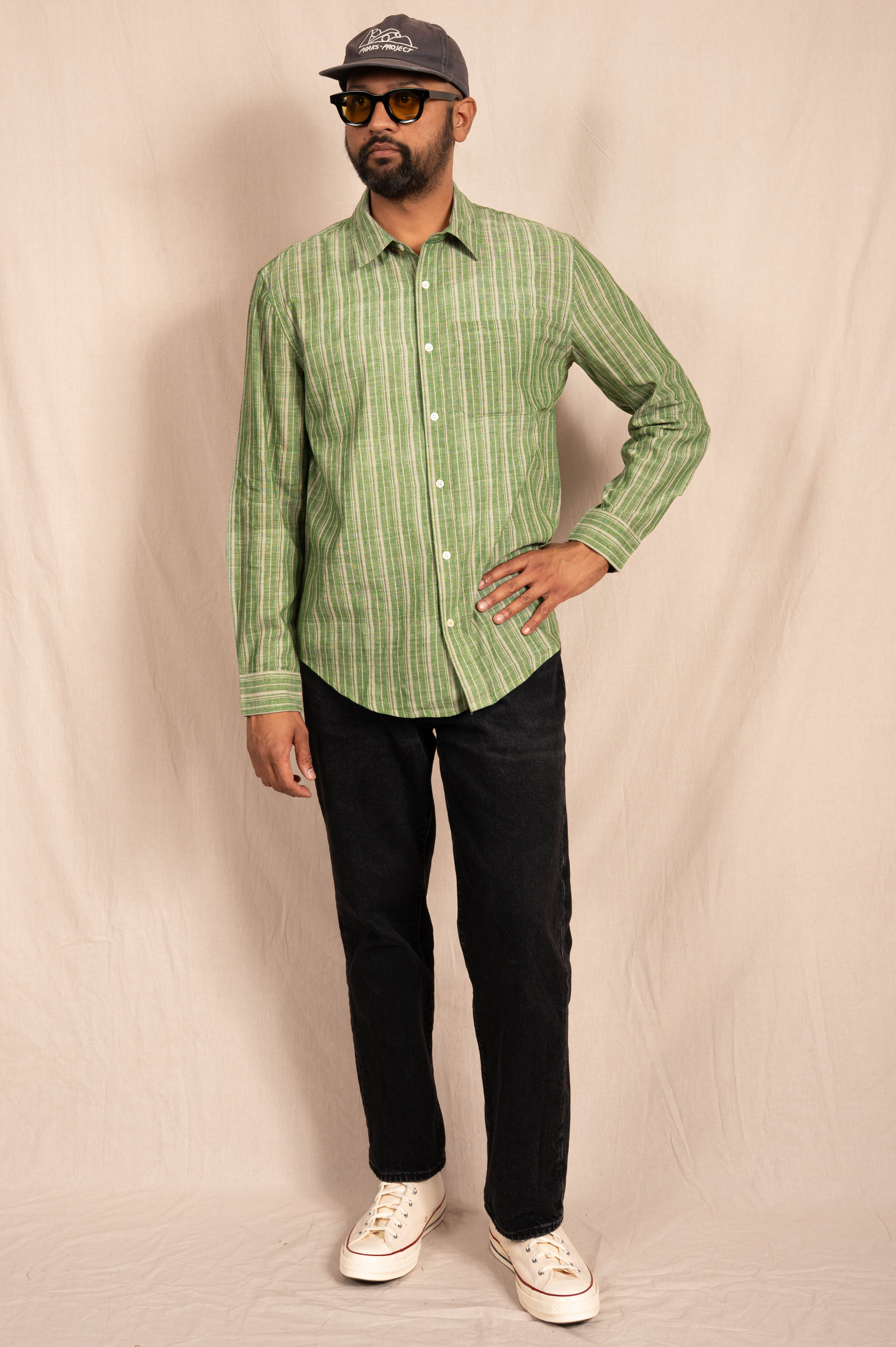 'The Brady' Long Sleeve Shirt in Green and White Stripes