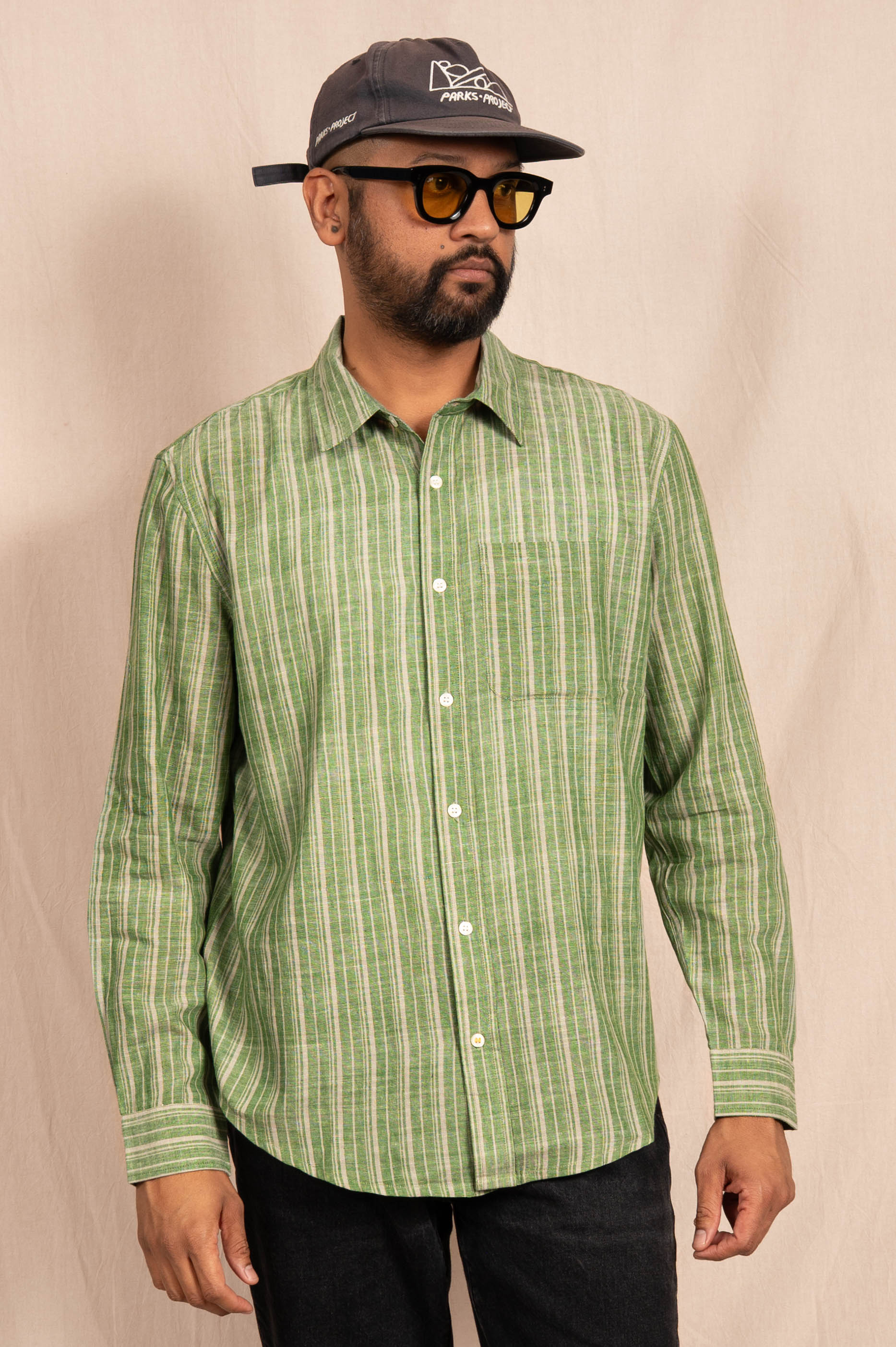 'The Brady' Long Sleeve Shirt in Green and White Stripes