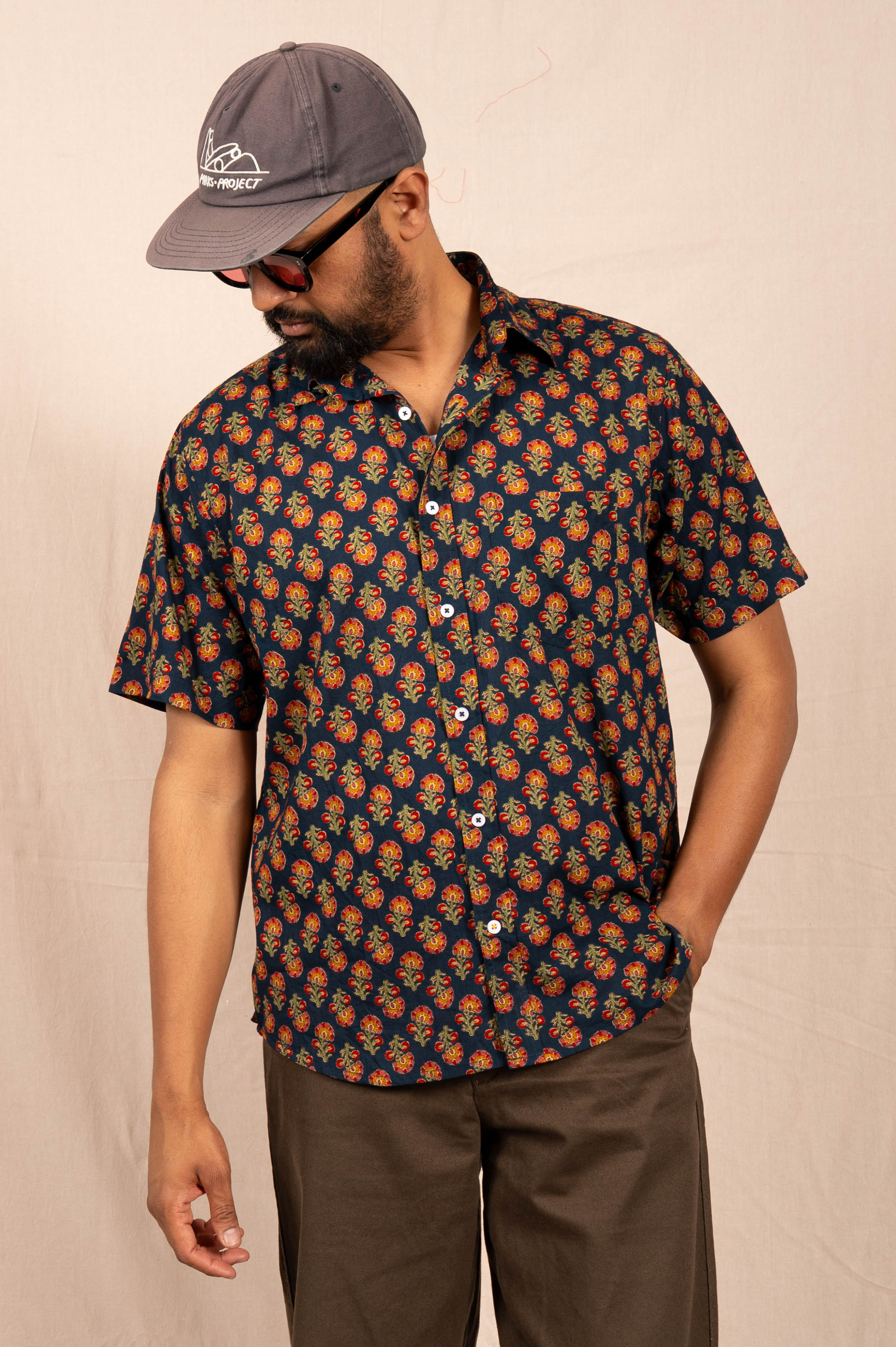 'The Folk' Shirt in Navy and Red Floral Print