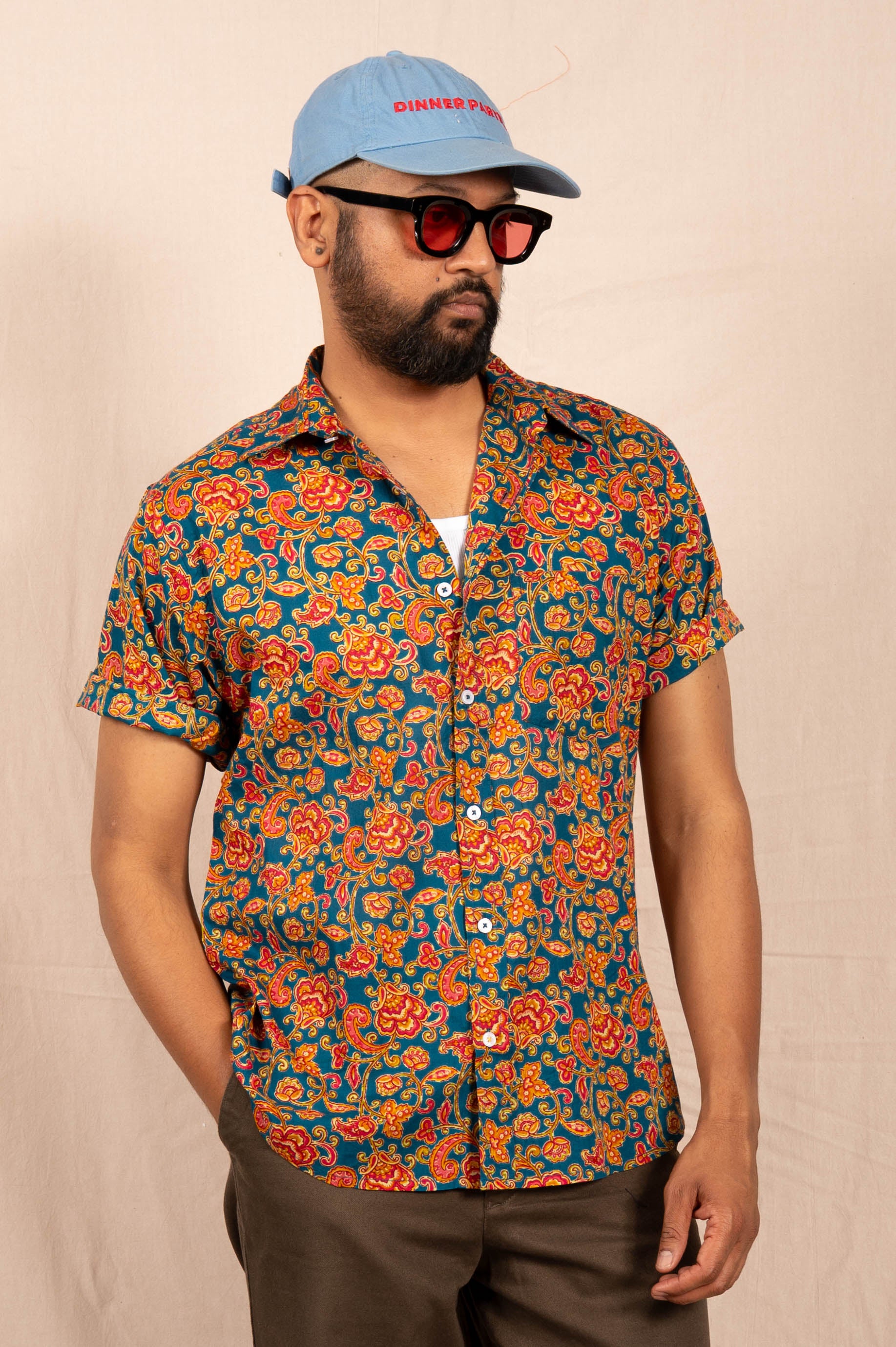 'The Folk' Shirt in Blue and Red Agra Floral Print
