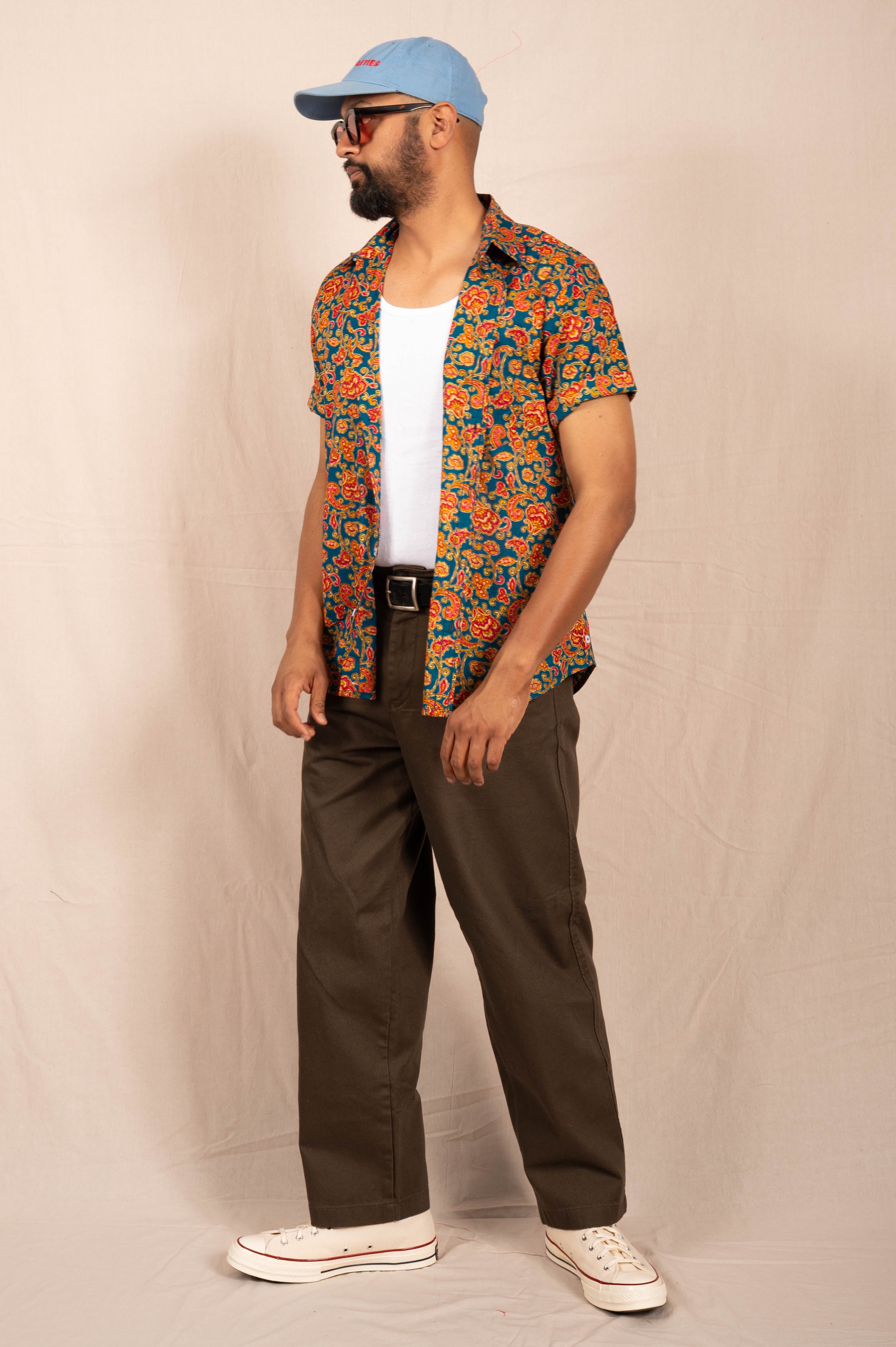 'The Folk' Shirt in Blue and Red Agra Floral Print