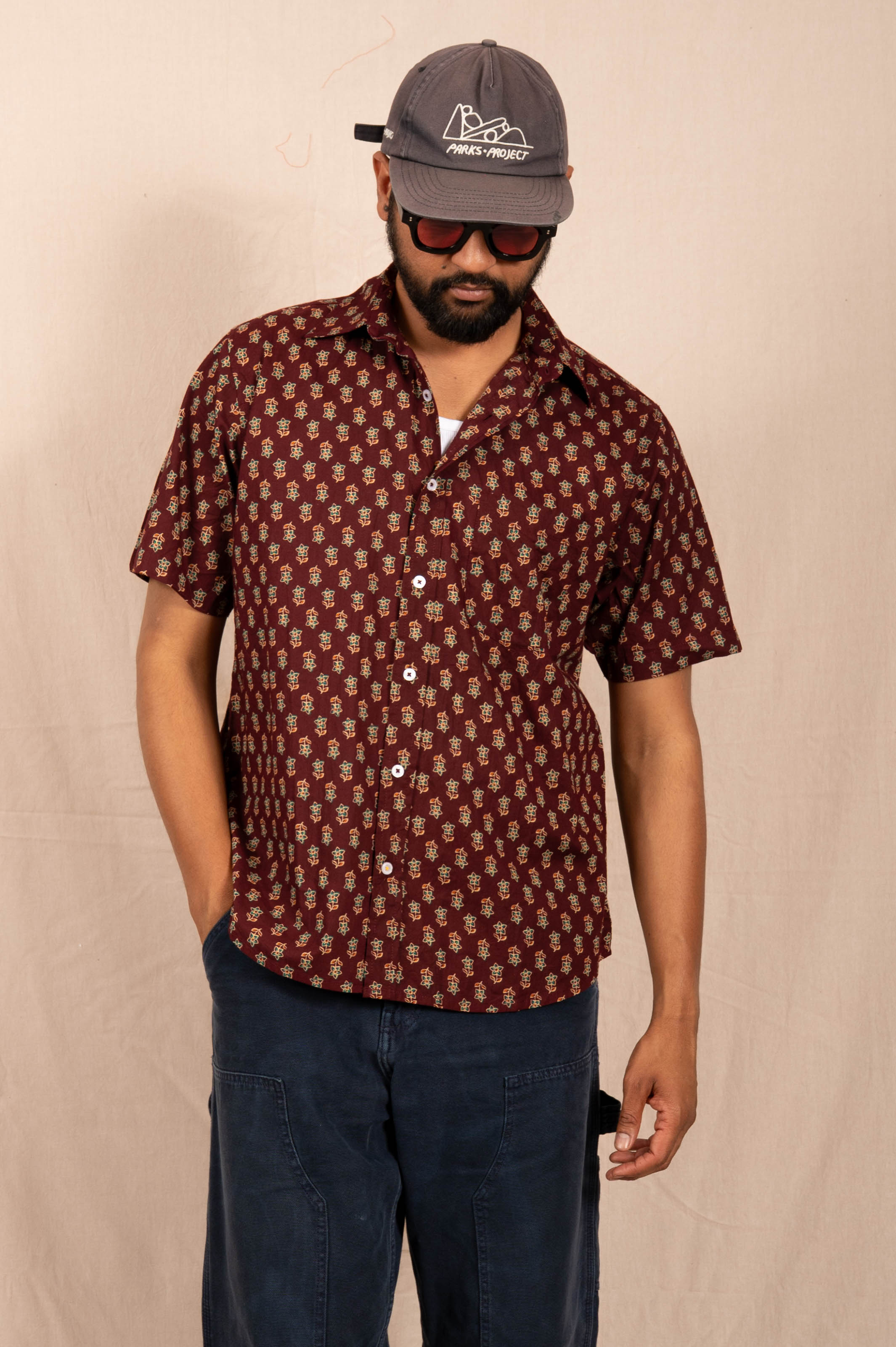 'The Folk' Shirt in Maroon Motif Print