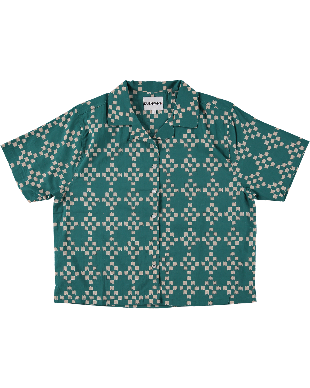 Hand Printed Camp Collar 'The Violet' Shirt in Green and White Squares