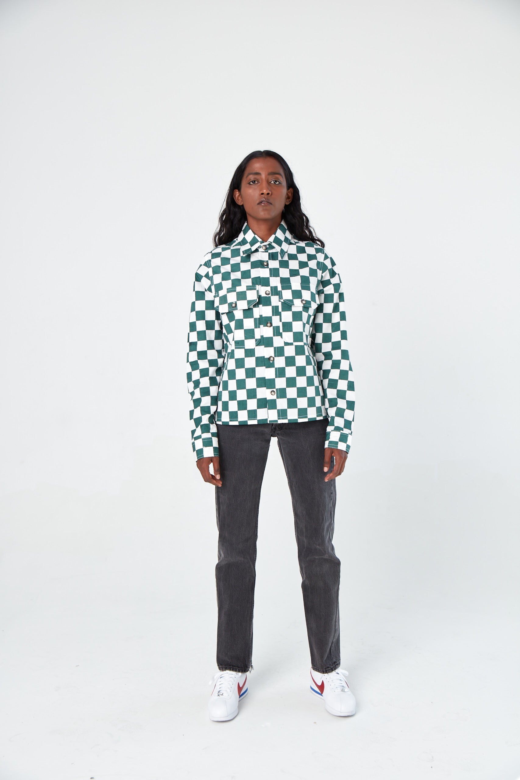 Hand Printed 'The Sophia' Over-Shirt in Green Chessboard Twill