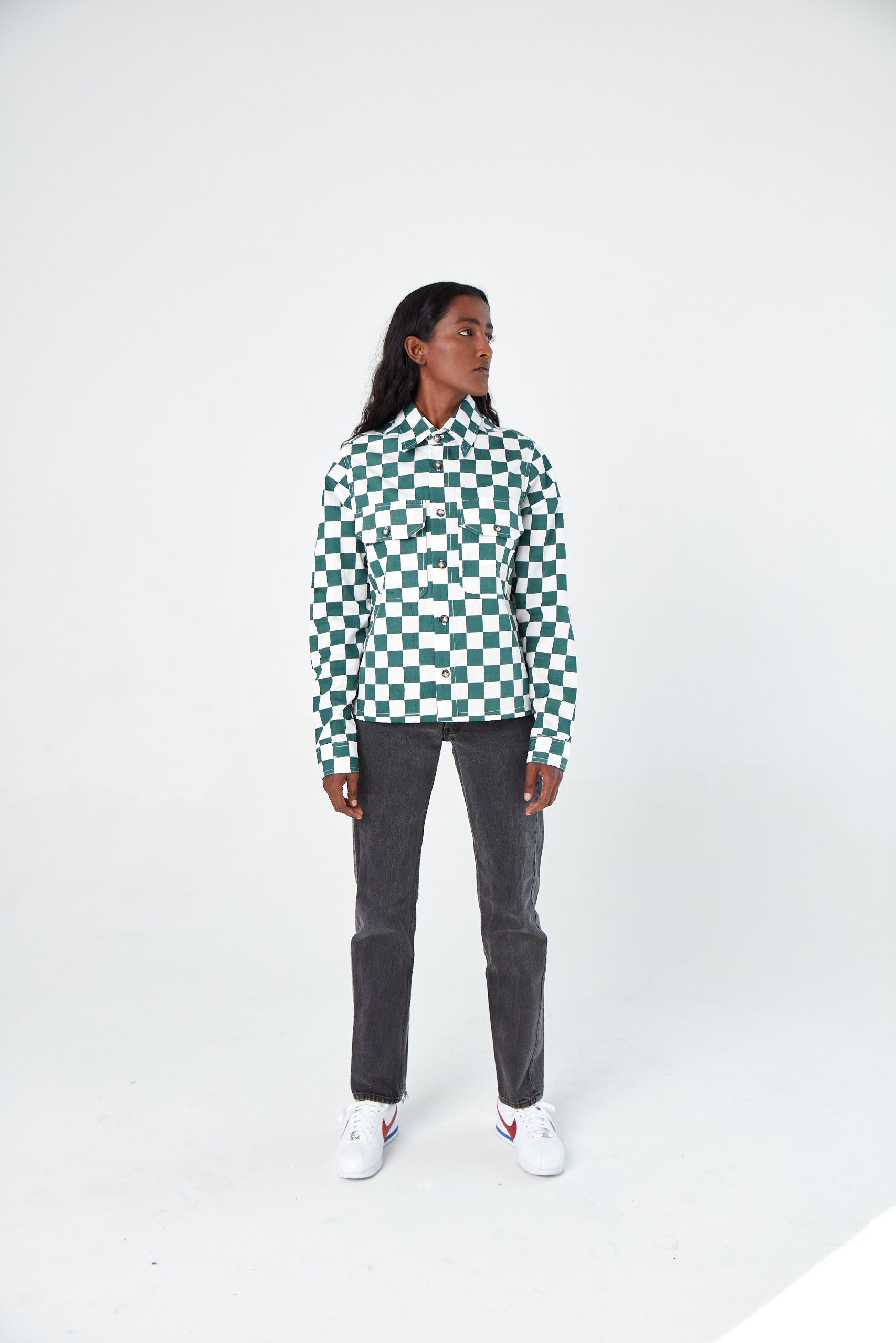 Hand Printed 'The Sophia' Over-Shirt in Green Chessboard Twill