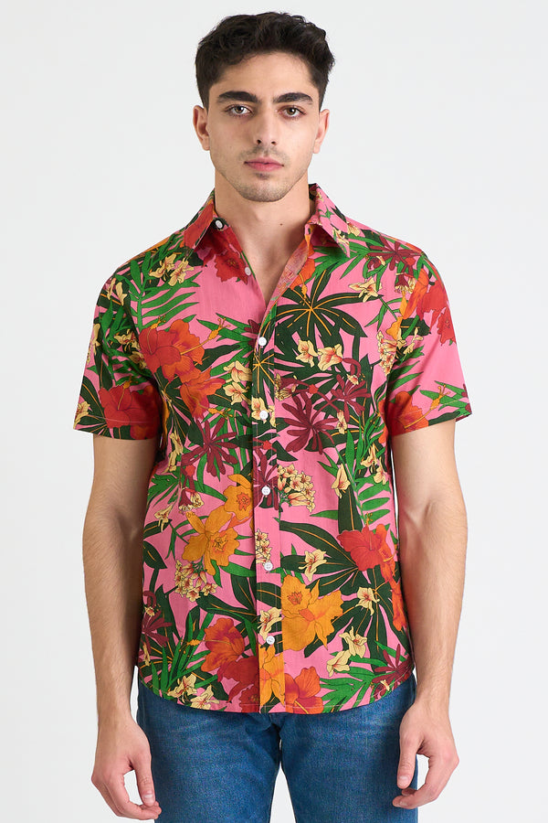 Hand Printed 'The Prat' Short Sleeve Shirt in Pink Floral print