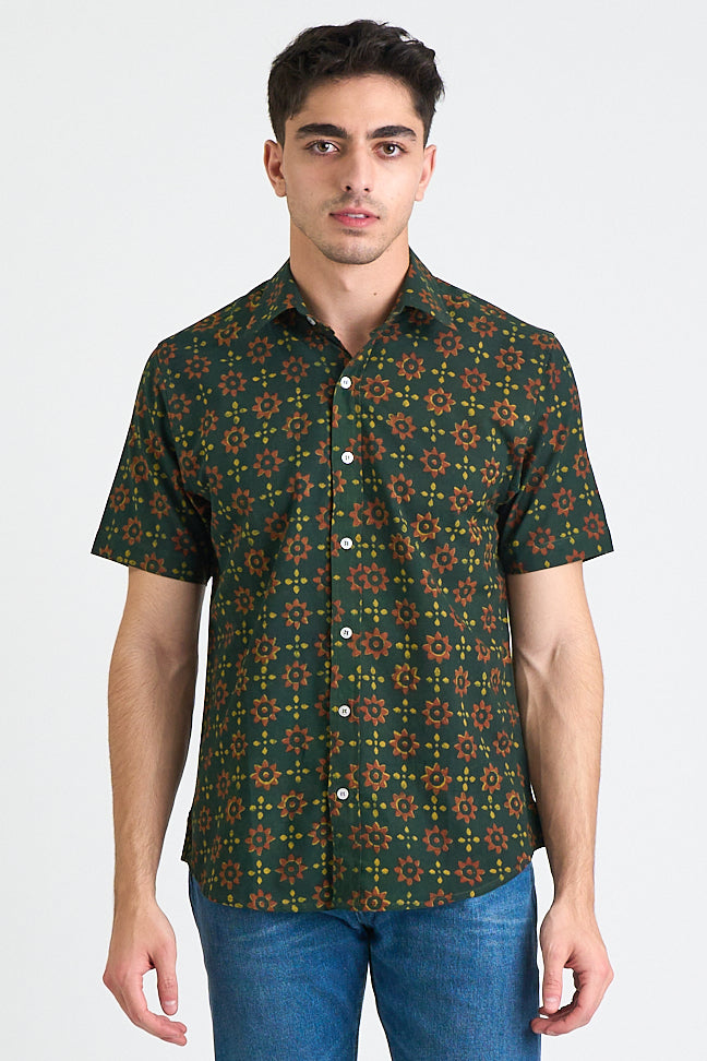 Hand Block Printed 'The Sufi' Short Sleeve Shirt in Green and Red print