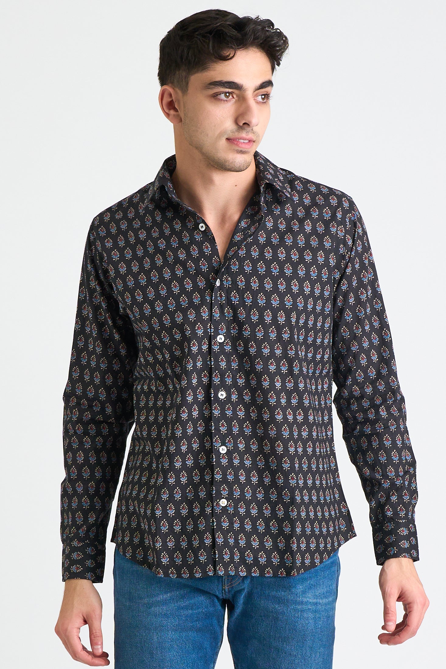 Hand Printed 'The Amir' Long Sleeve Shirt in Black and Blue Motif