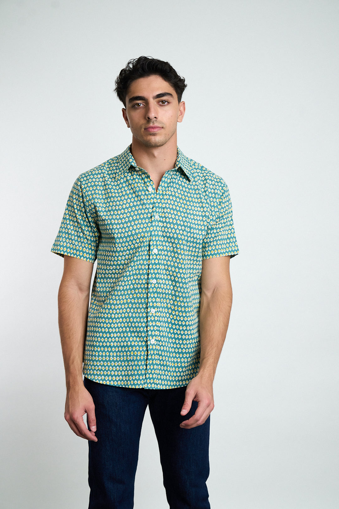 Hand Block Printed 'The Sheril' Short Sleeve Shirt in Avocado Print