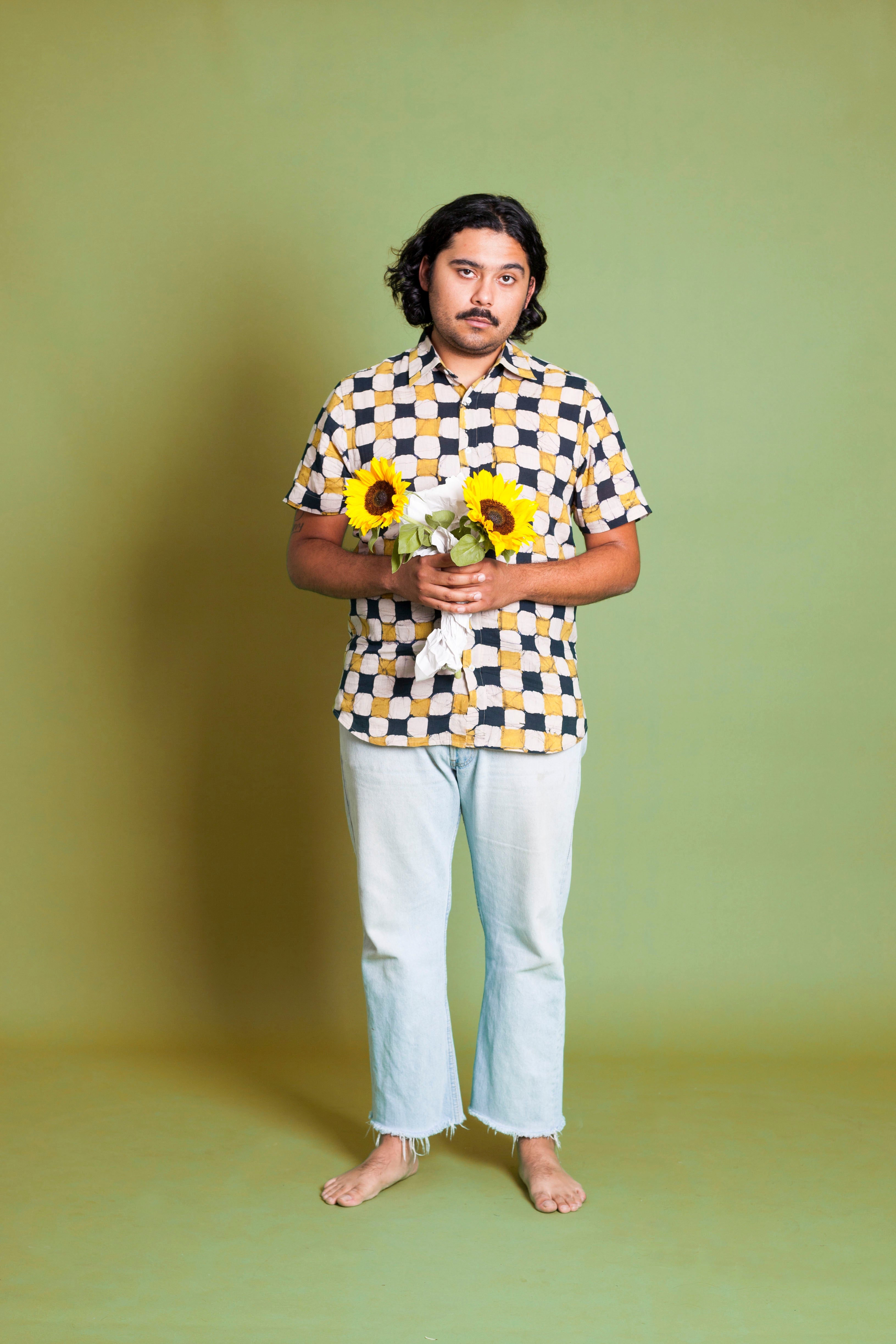 Hand Block Printed 'The Aby' Short Sleeve Shirt in Yellow and Black Chessboard Batik Print