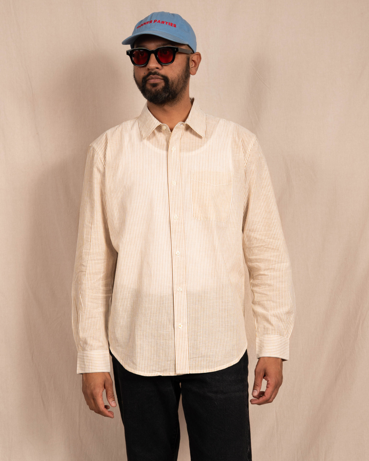 'The Brady' Long Sleeve Shirt in White and Beige Stripes