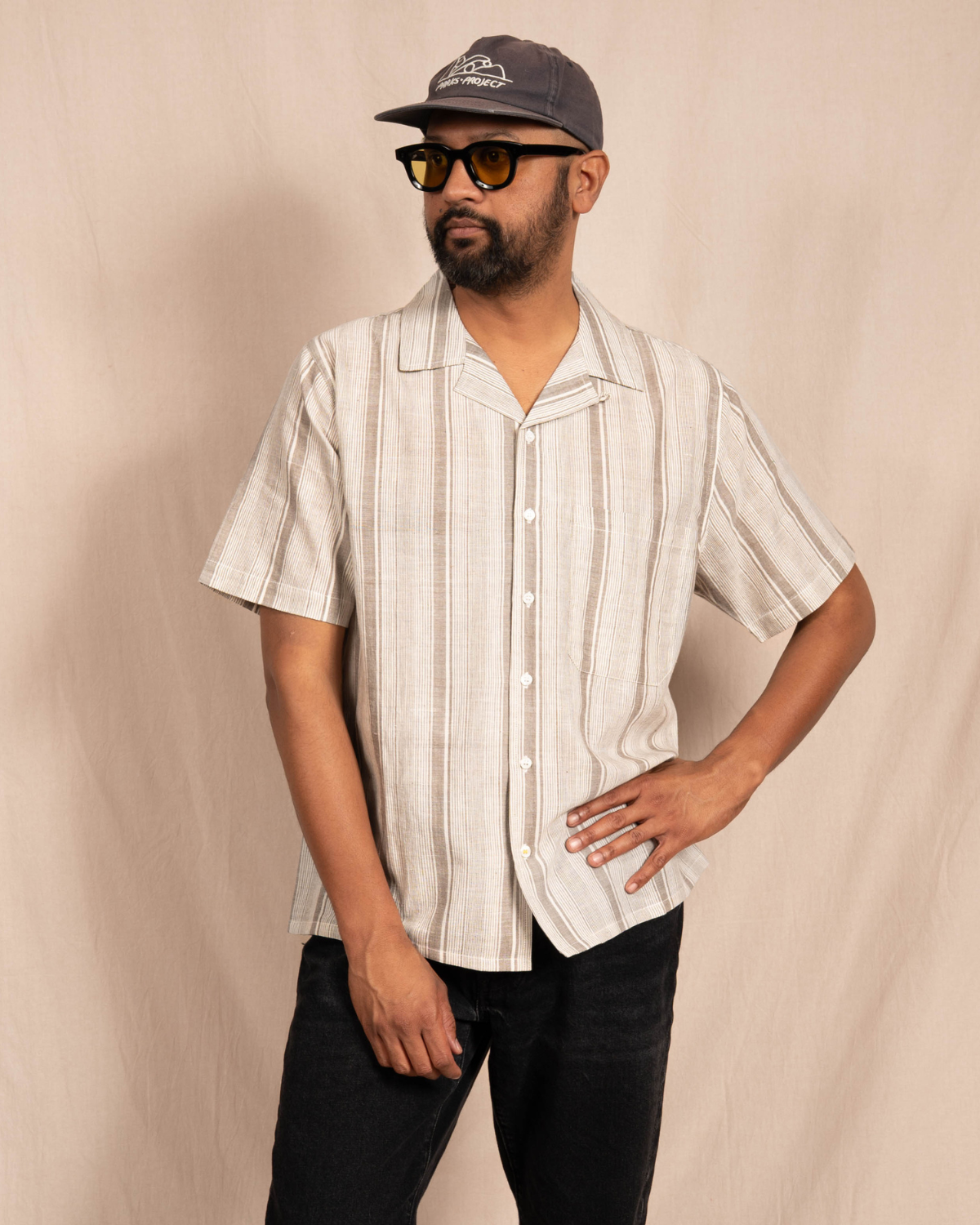 'The Don' Camp Shirt in White and Gray Stripes