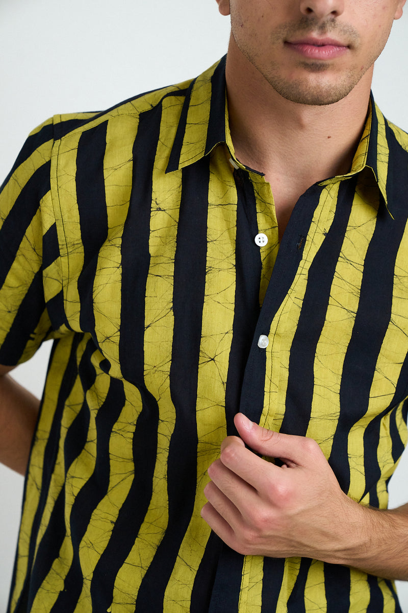 Hand Block Printed 'The Aby' Short Sleeve Shirt in Lemon and Black Batik Stripes