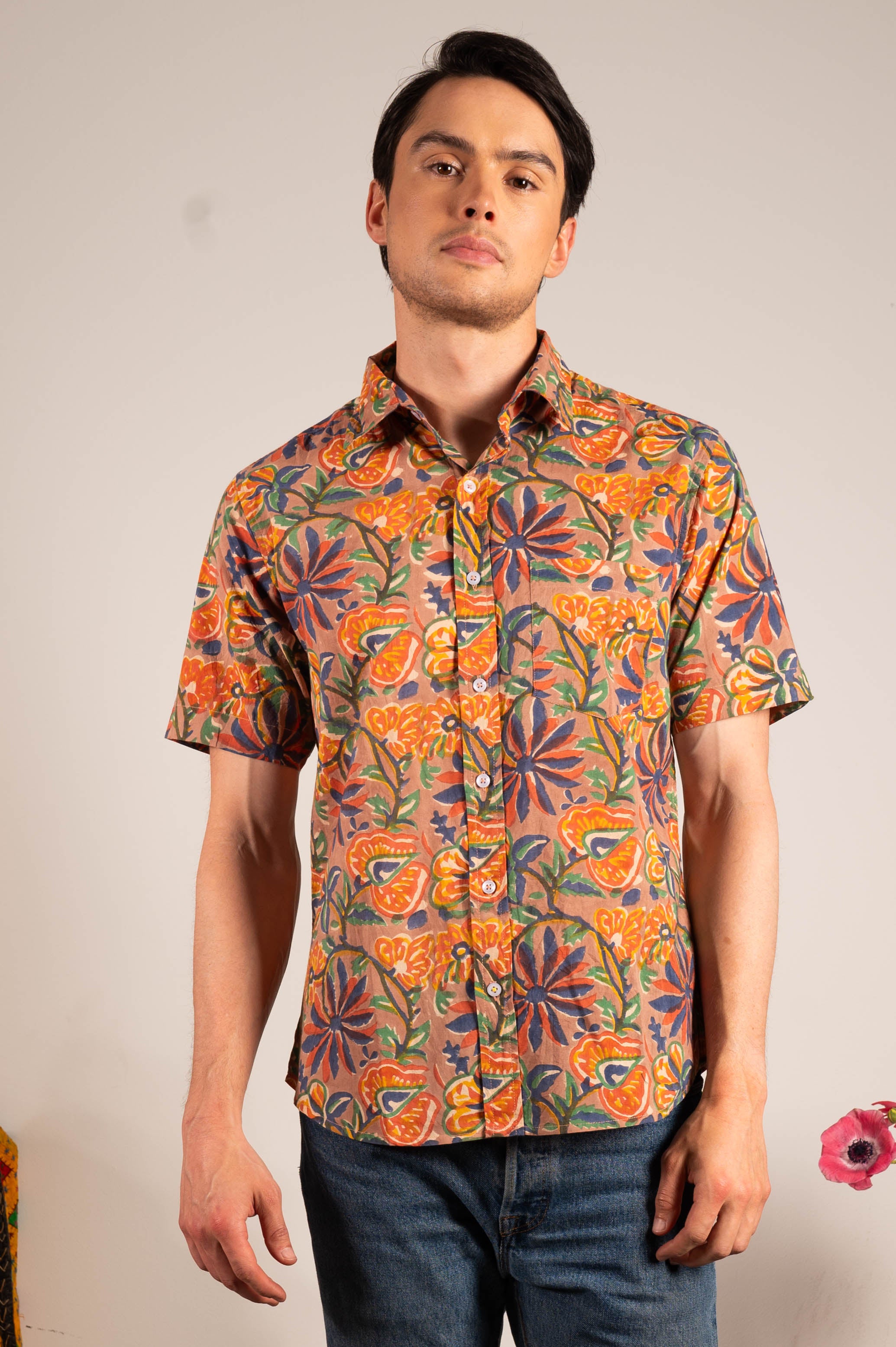 Hand Block Printed 'The Folk' Short Sleeve Shirt in Garden of Eden Floral Print