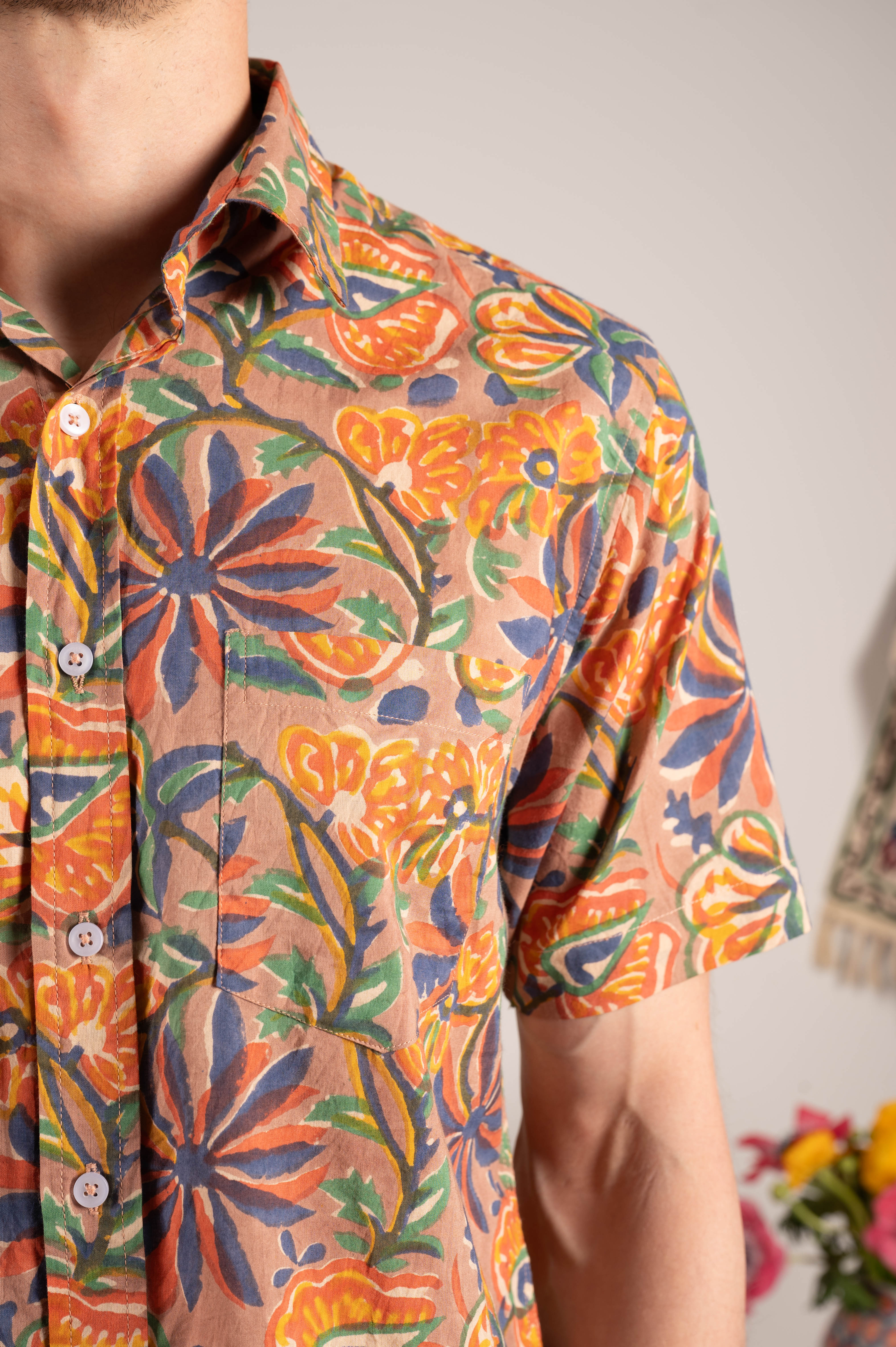 Hand Block Printed 'The Folk' Short Sleeve Shirt in Garden of Eden Floral Print