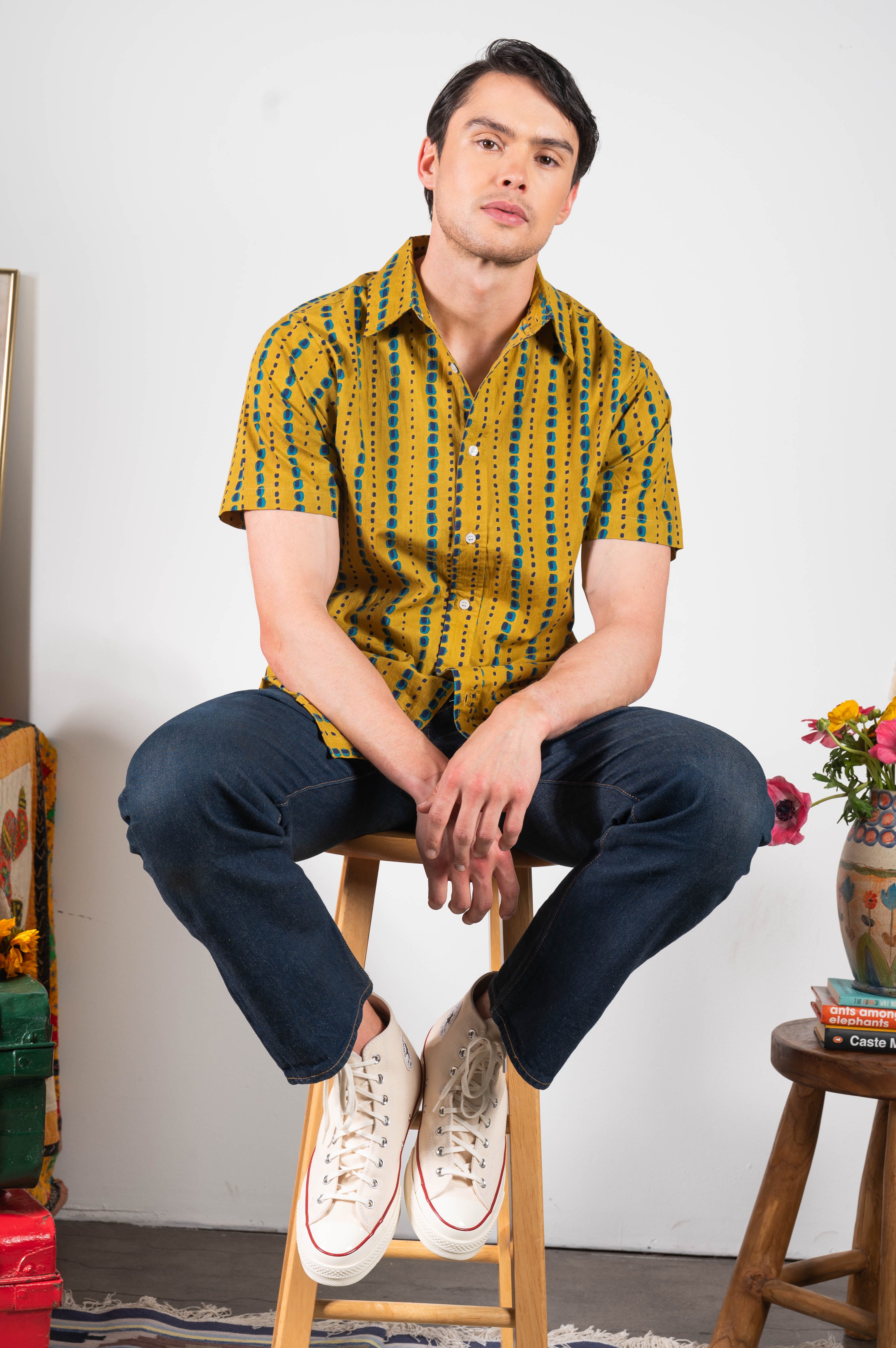 Hand Printed 'The Sheril' Short Sleeve Shirt in Mustard and Teal Print