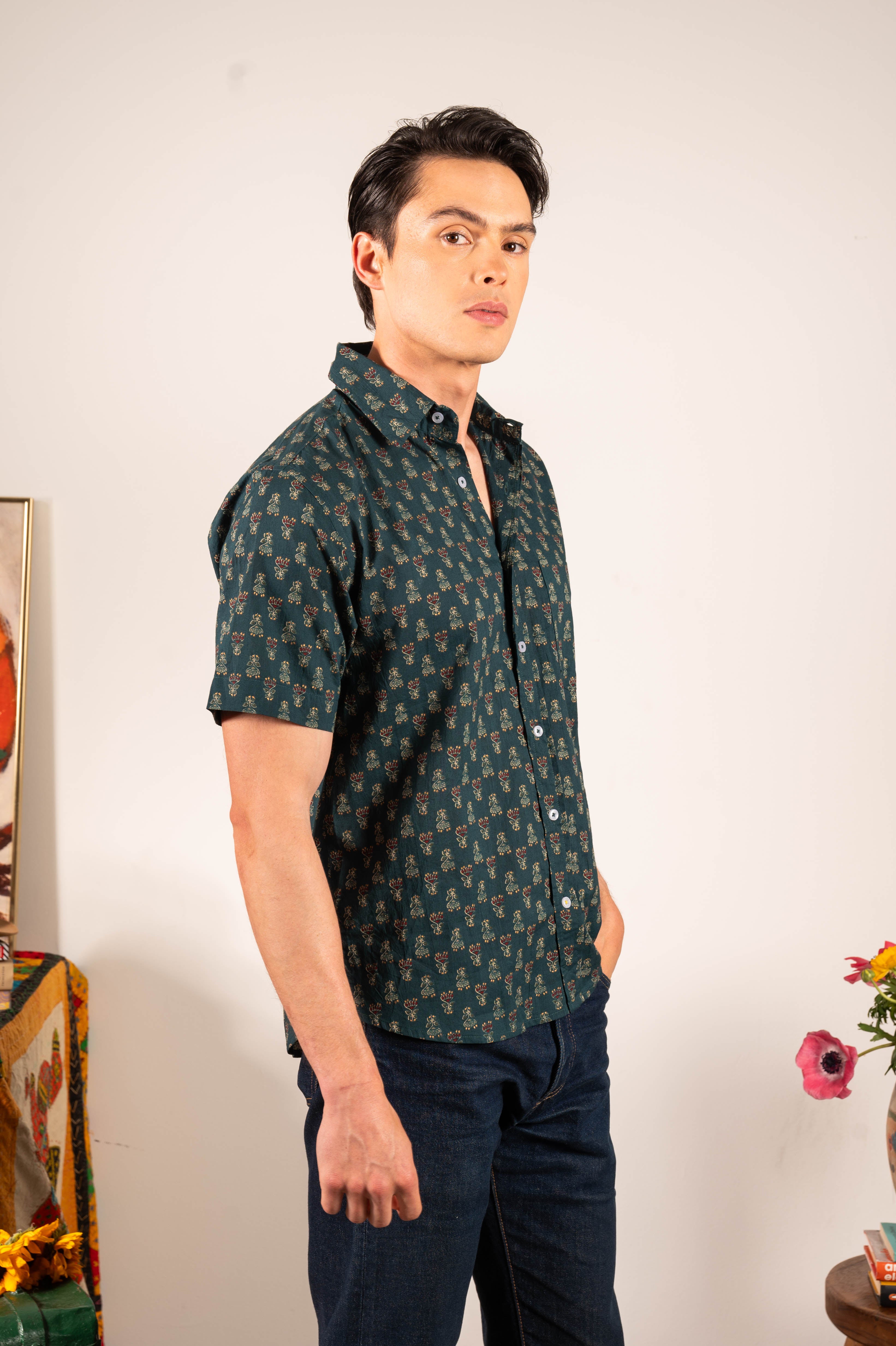 Hand Printed 'The Folk' Short Sleeve Shirt in Emerald Motif