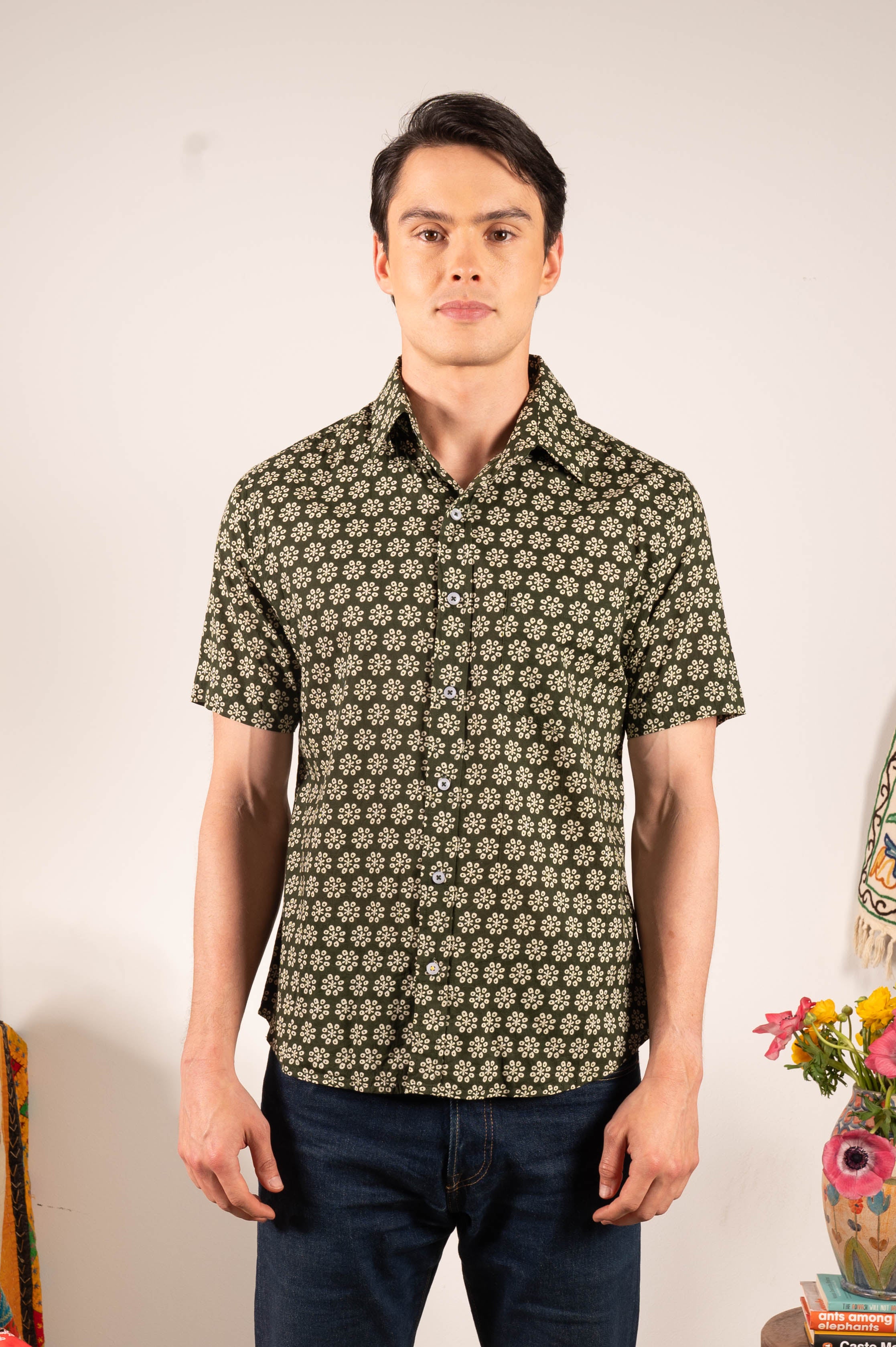 Hand Printed 'The Folk' Short Sleeve Shirt in Dark Olive Octagon Motif