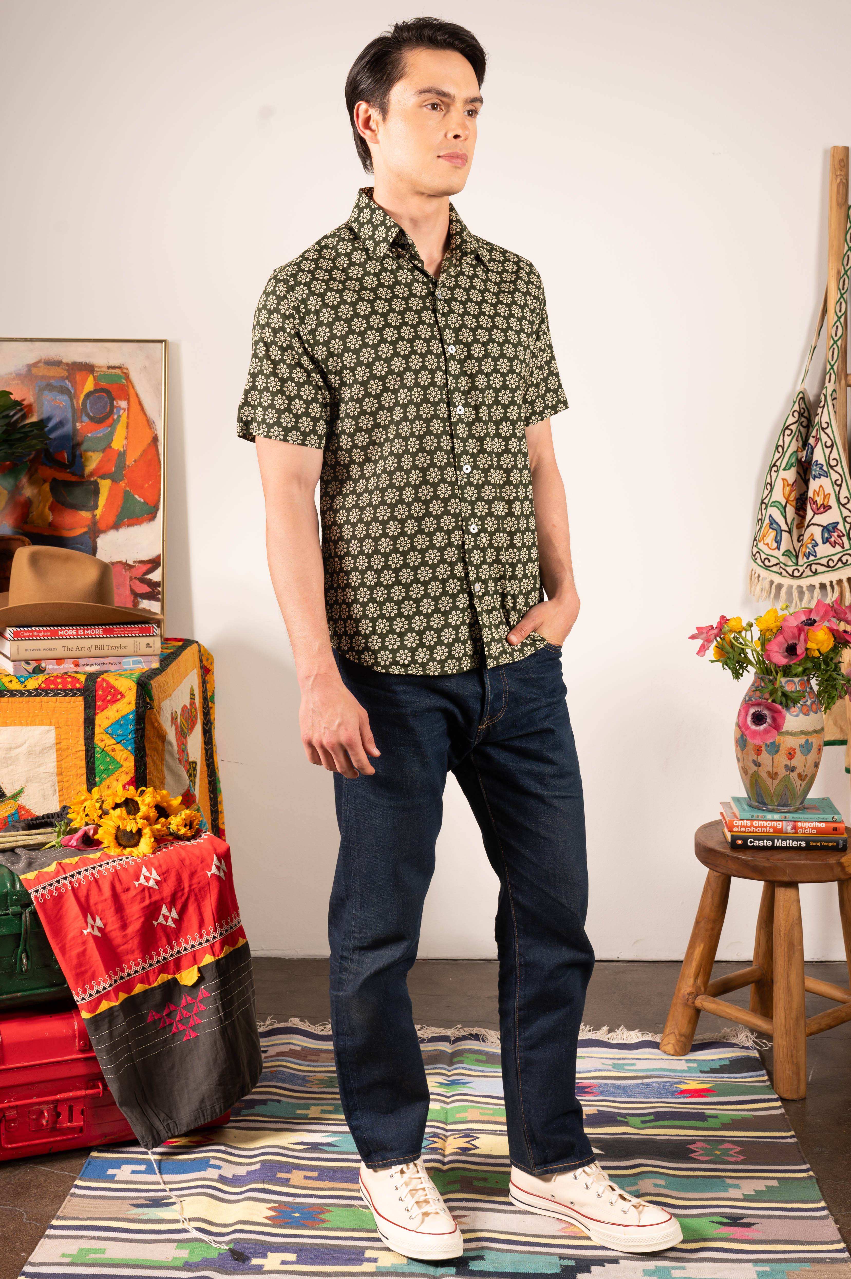 Hand Printed 'The Folk' Short Sleeve Shirt in Dark Olive Octagon Motif