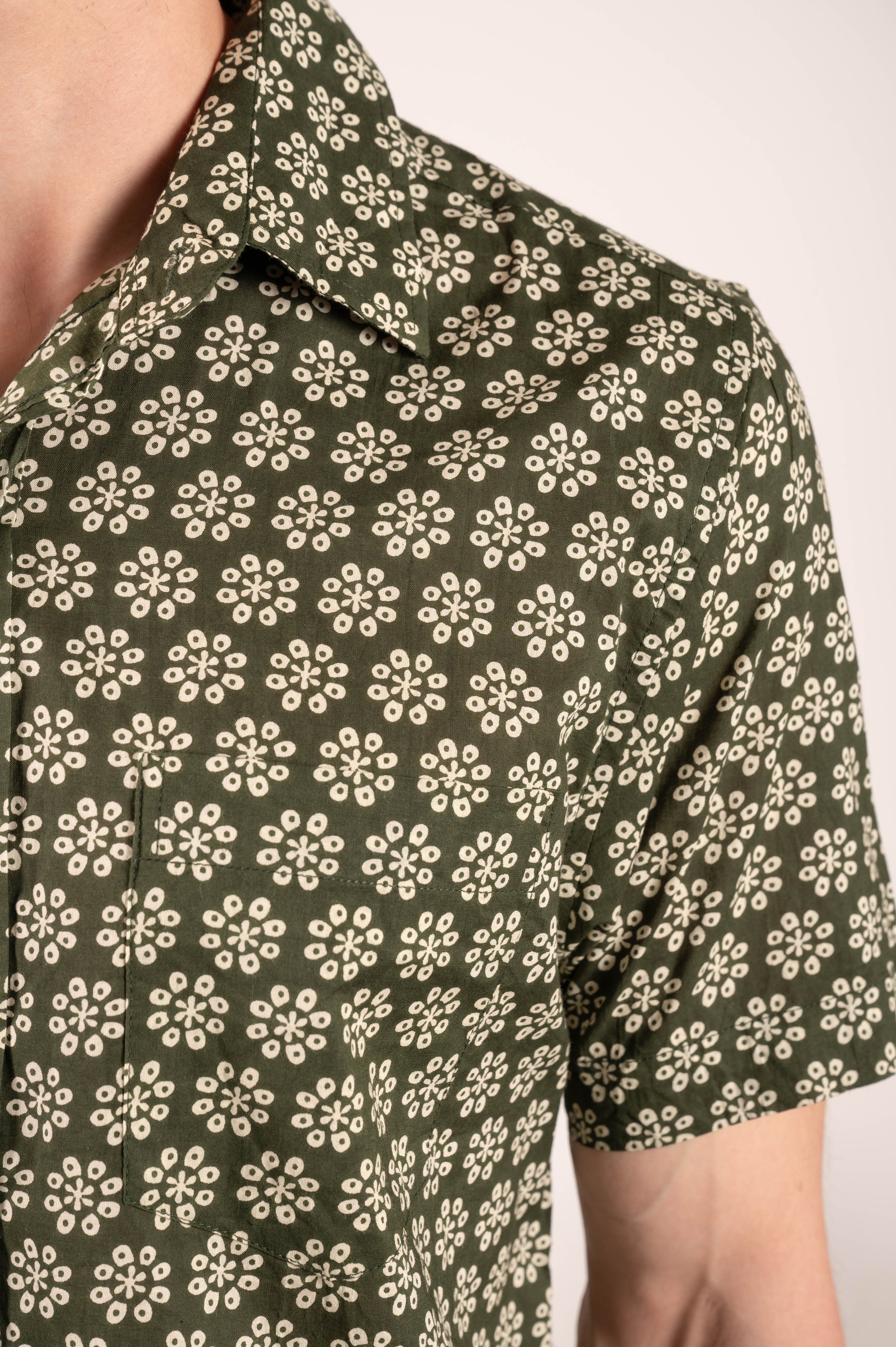 Hand Printed 'The Folk' Short Sleeve Shirt in Dark Olive Octagon Motif