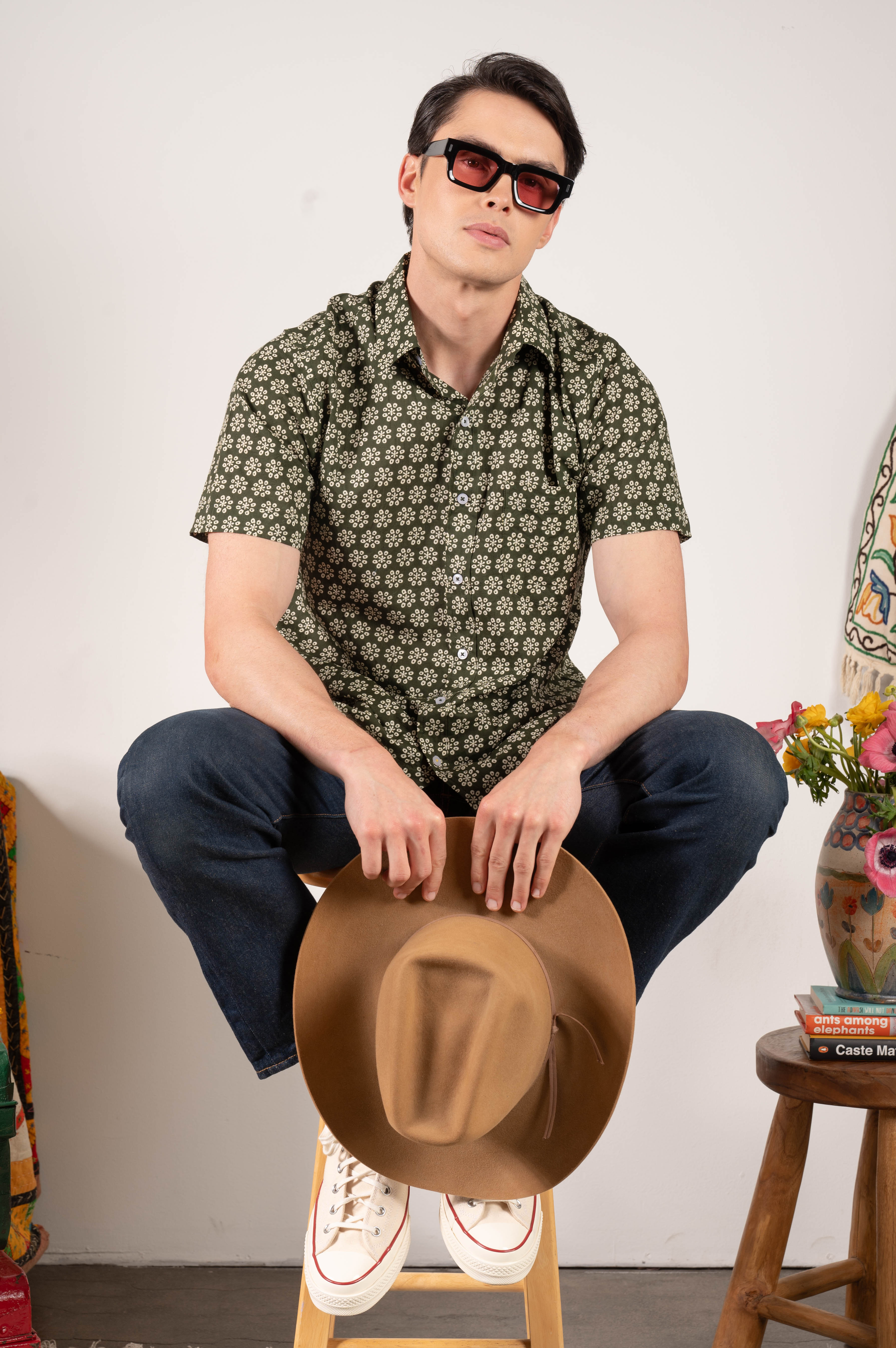 Hand Printed 'The Folk' Short Sleeve Shirt in Dark Olive Octagon Motif