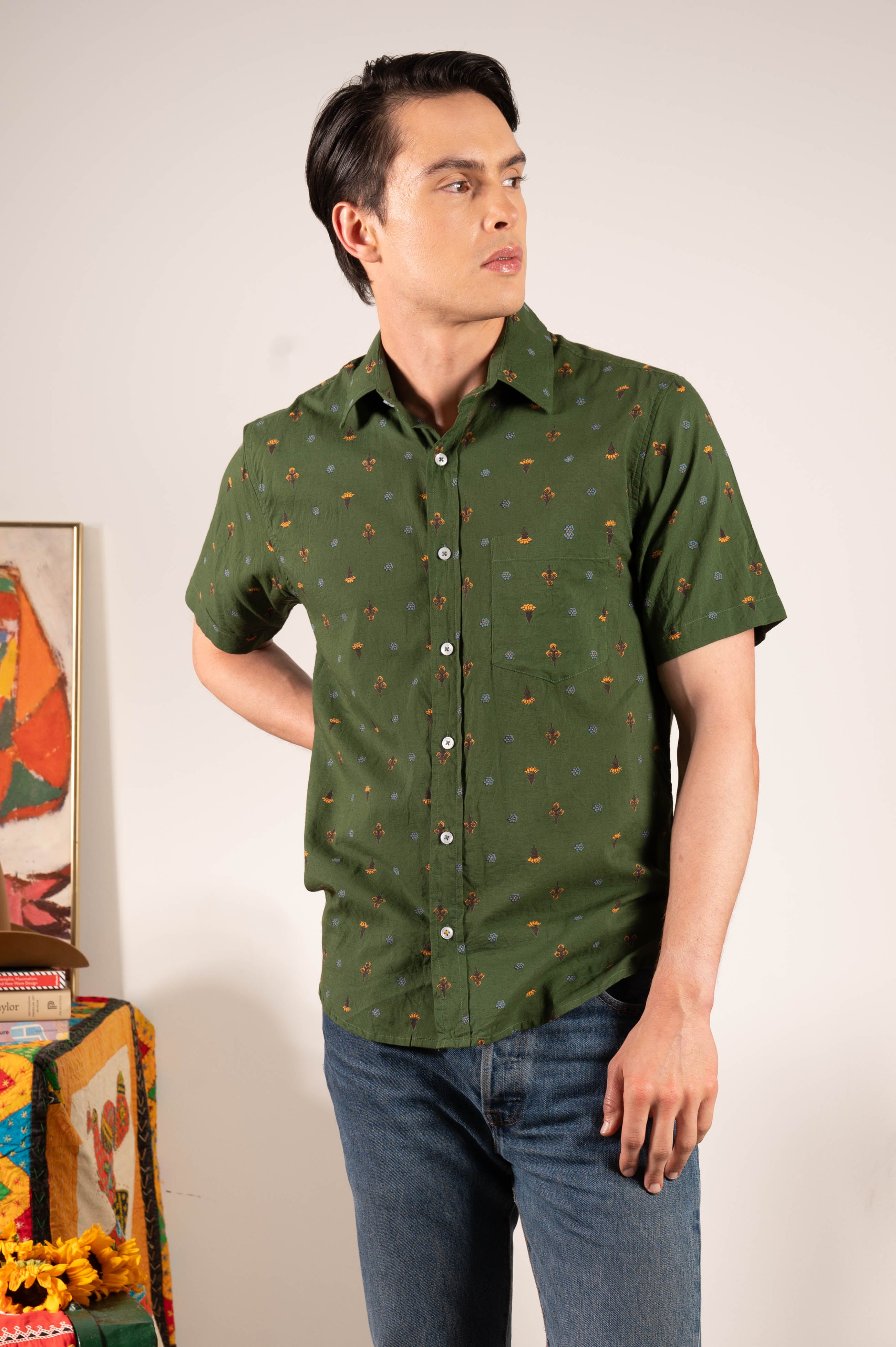 Hand Printed 'The Folk' Short Sleeve Shirt in Green Mini Floral Print