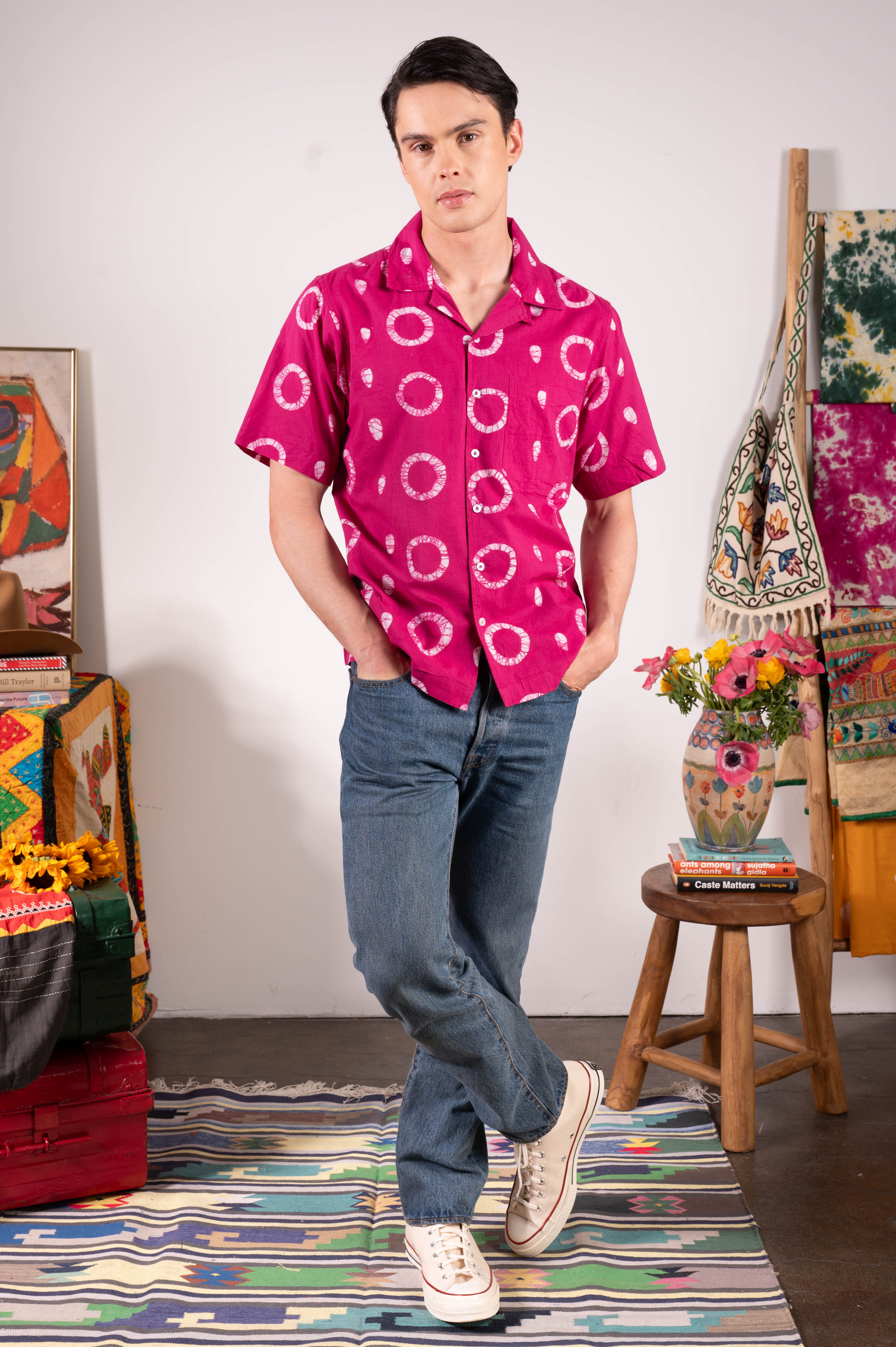 Hand Block Printed 'The Don' Camp Collar Shirt in Magenta Circles Art Print