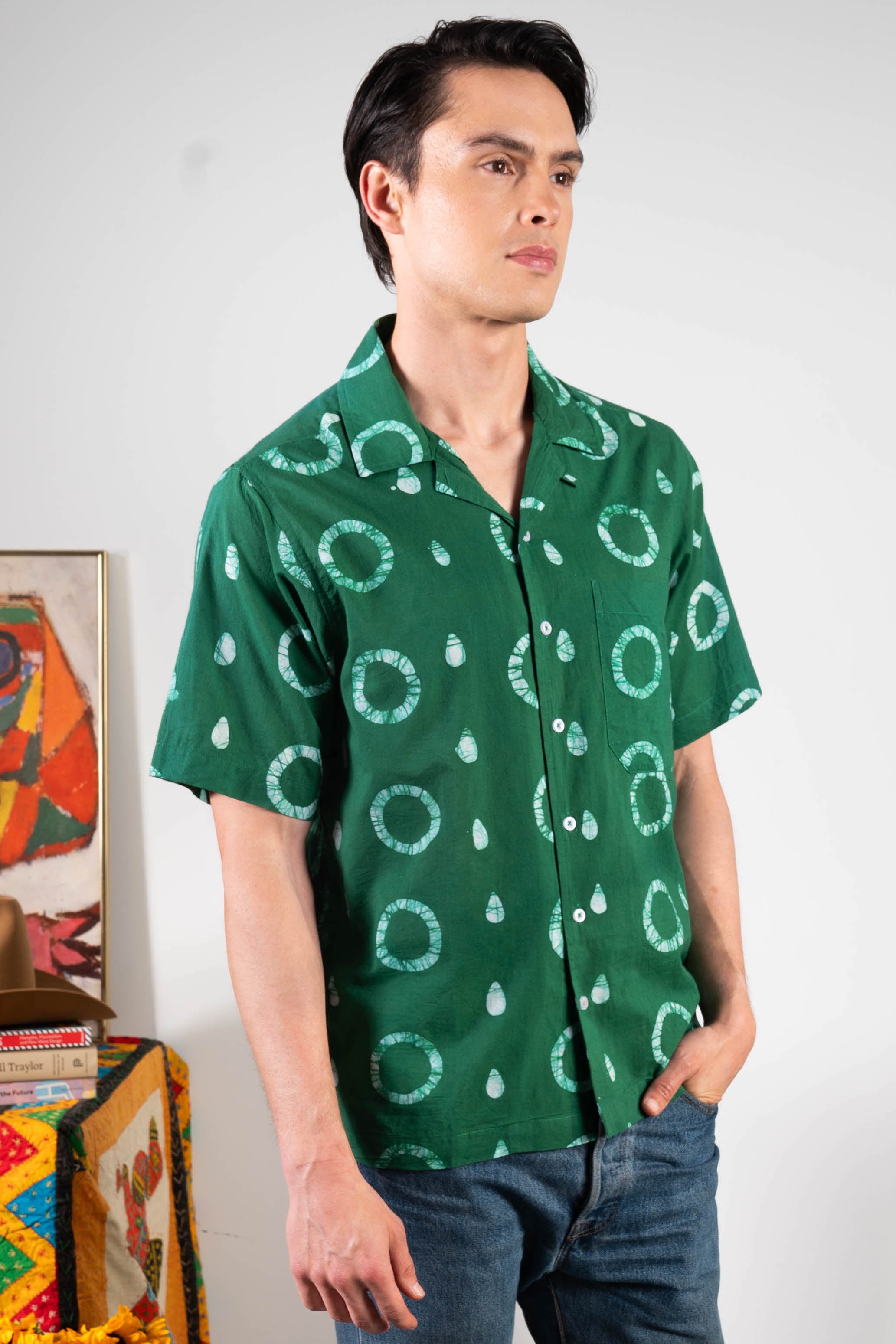 Hand Block Printed 'The Don' Camp Collar Shirt in Green Circles Art Print