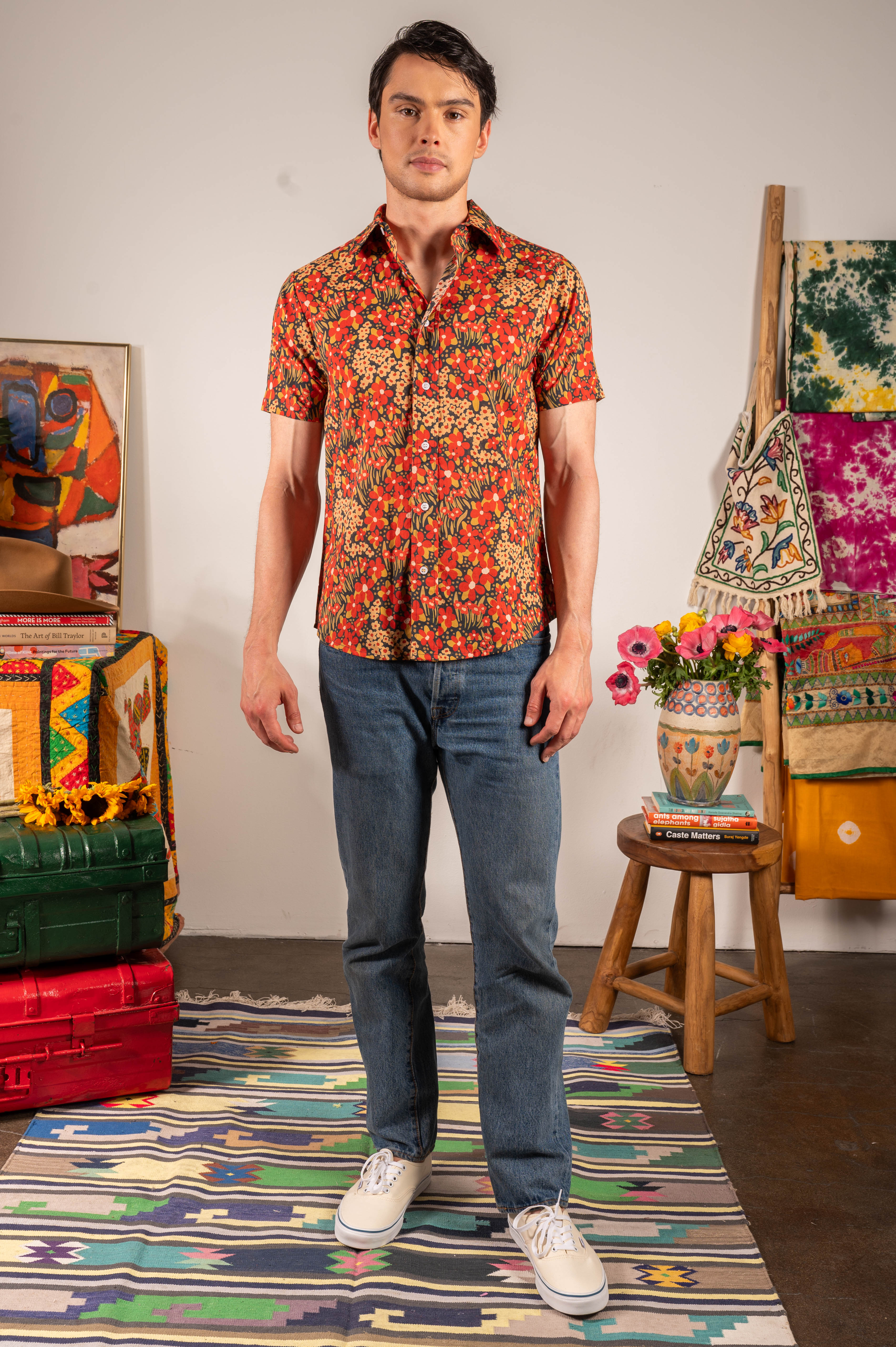'The Sheril' Short Sleeve Shirt in Red and Black Floral Print