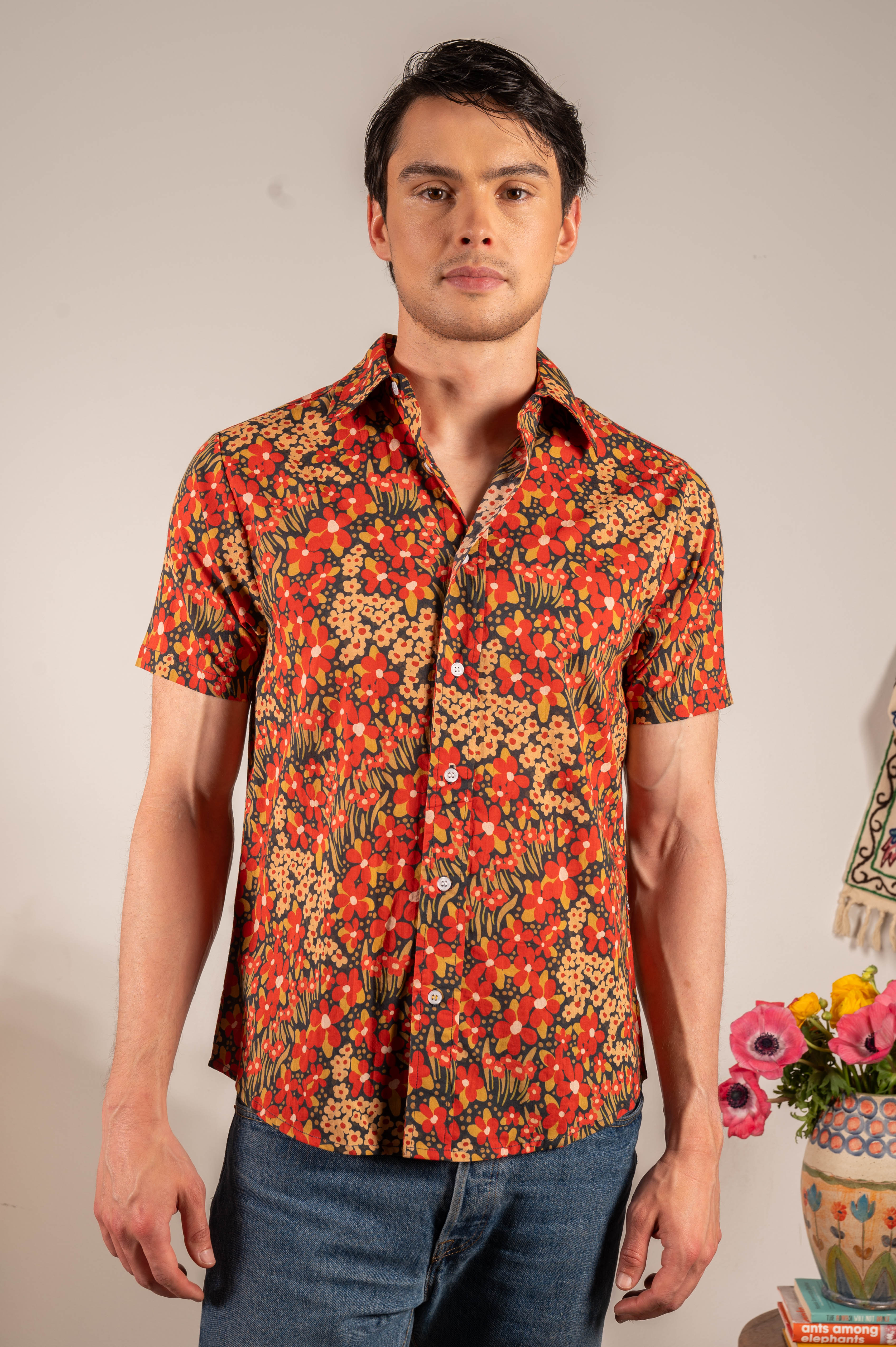'The Sheril' Short Sleeve Shirt in Red and Black Floral Print