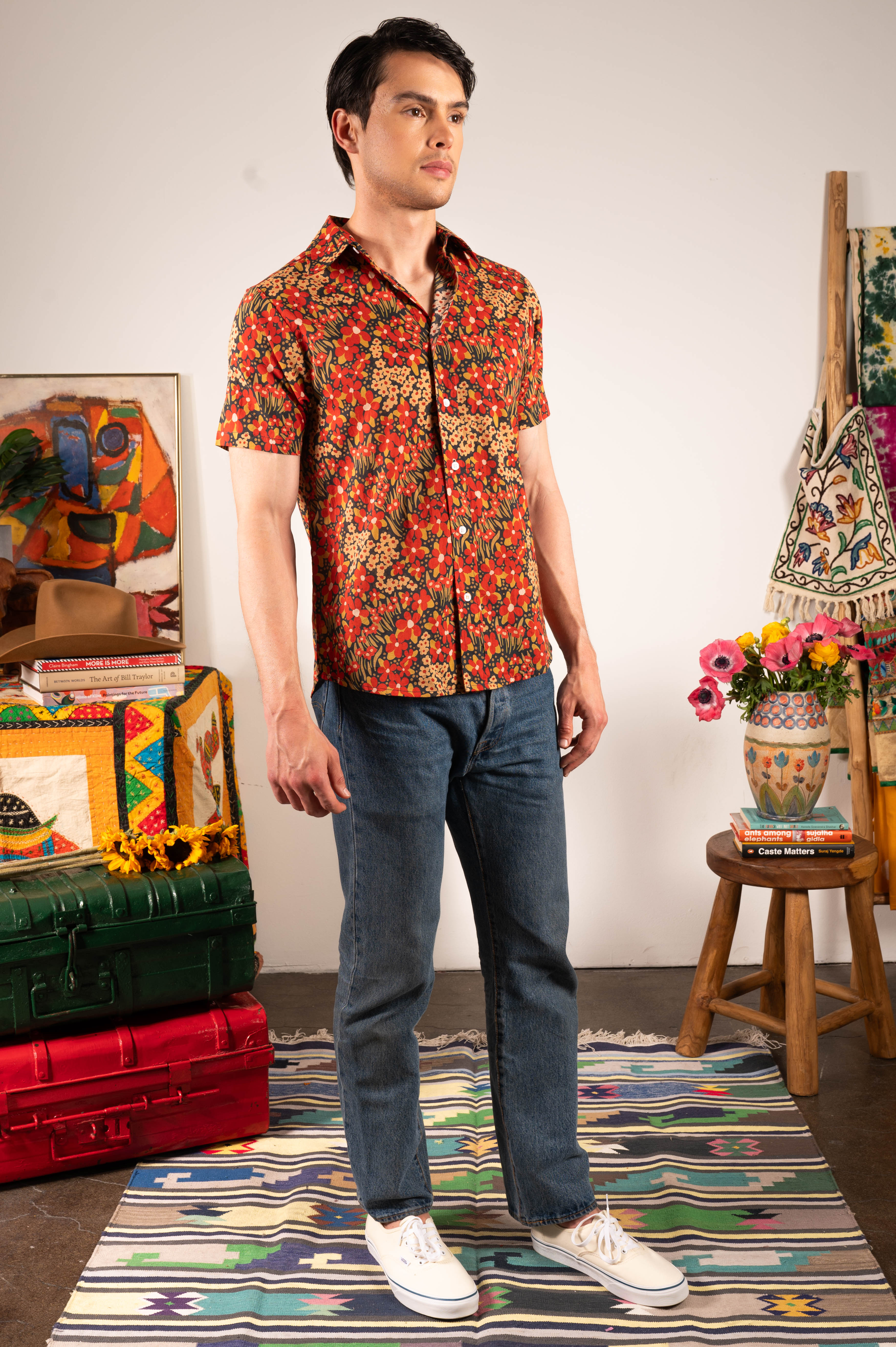 'The Sheril' Short Sleeve Shirt in Red and Black Floral Print