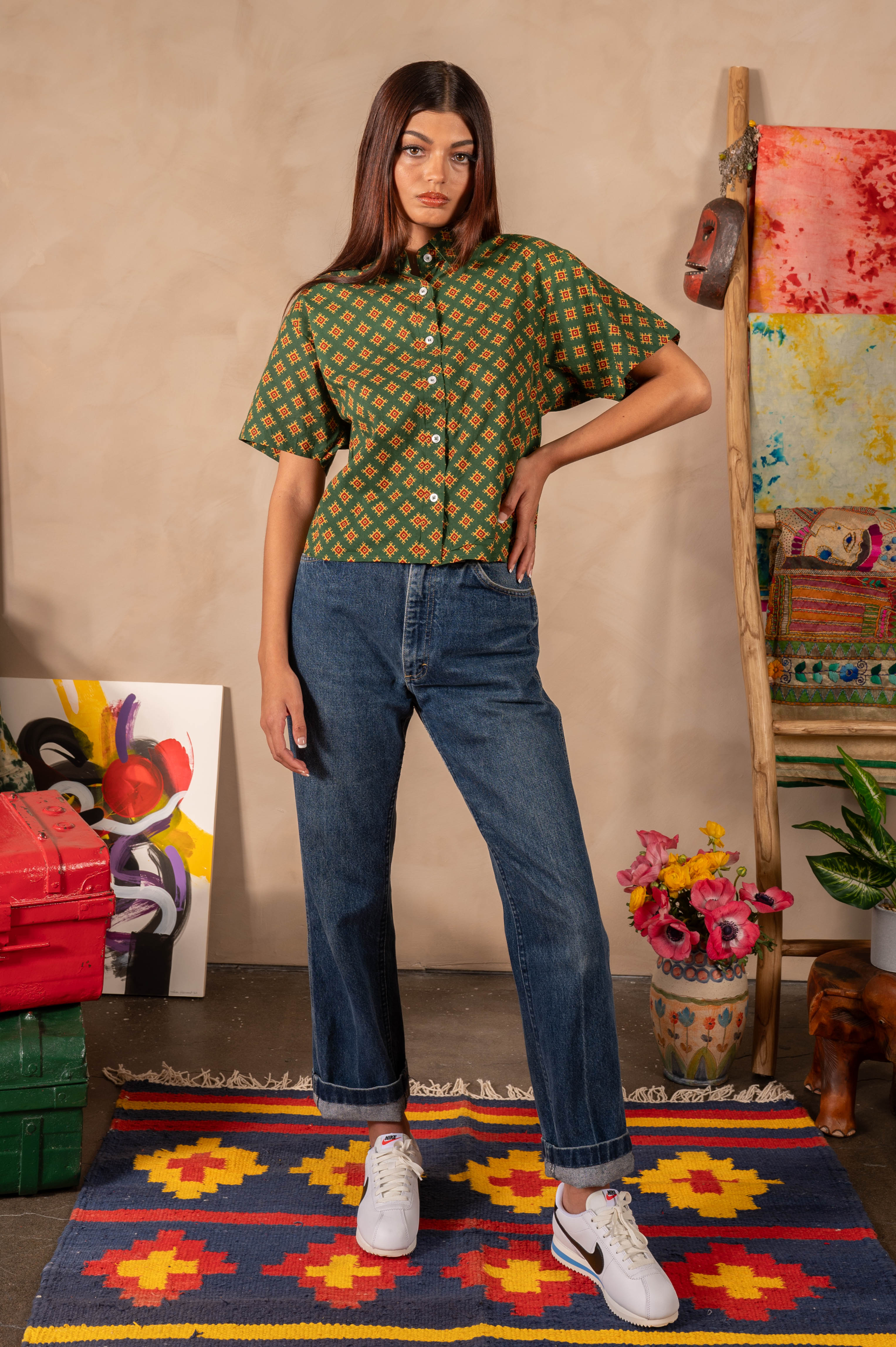 'The Michelle' Hand Printed Short Sleeve Shirt in Green and Gold Motif Print