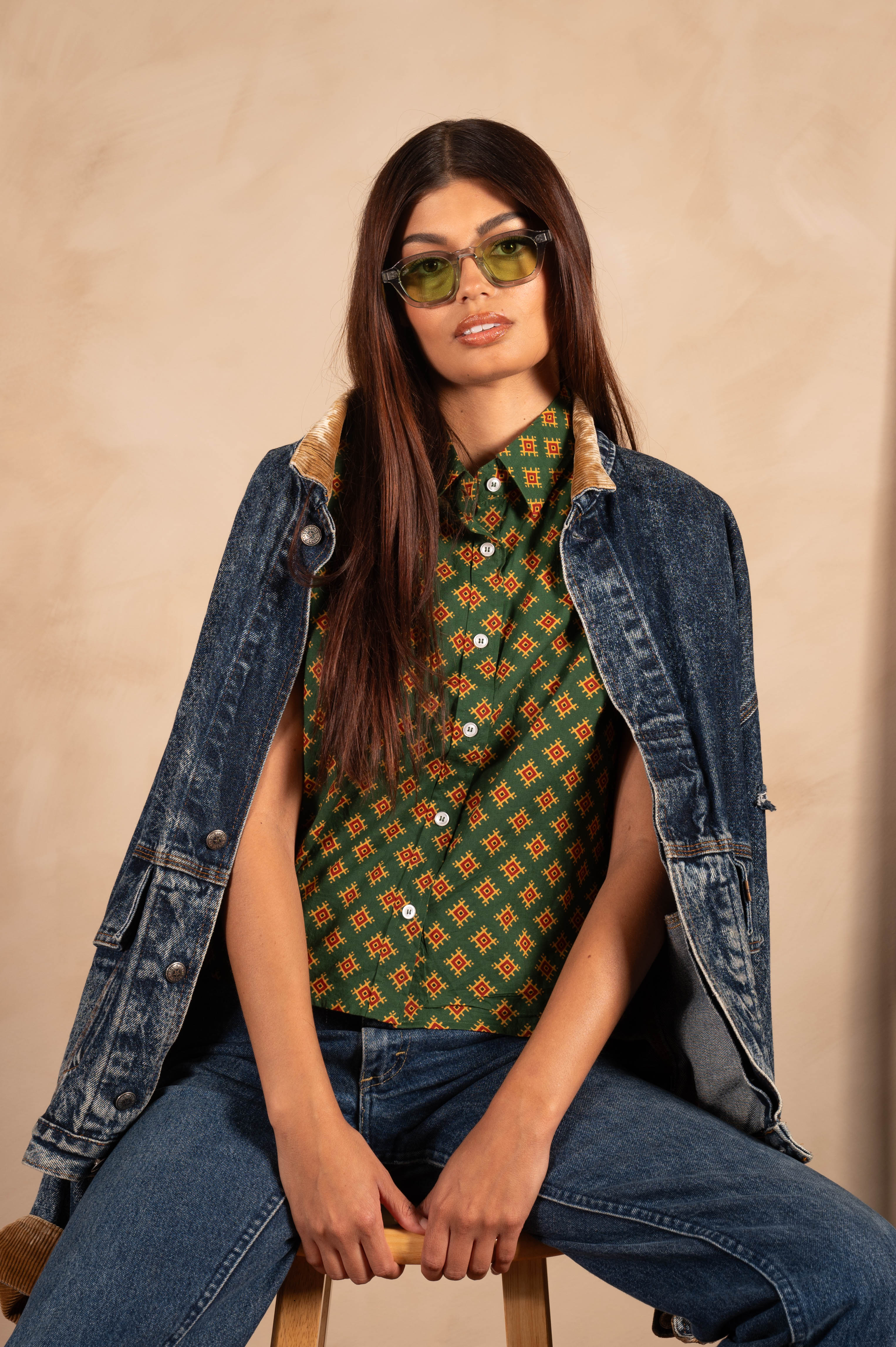 'The Michelle' Hand Printed Short Sleeve Shirt in Green and Gold Motif Print