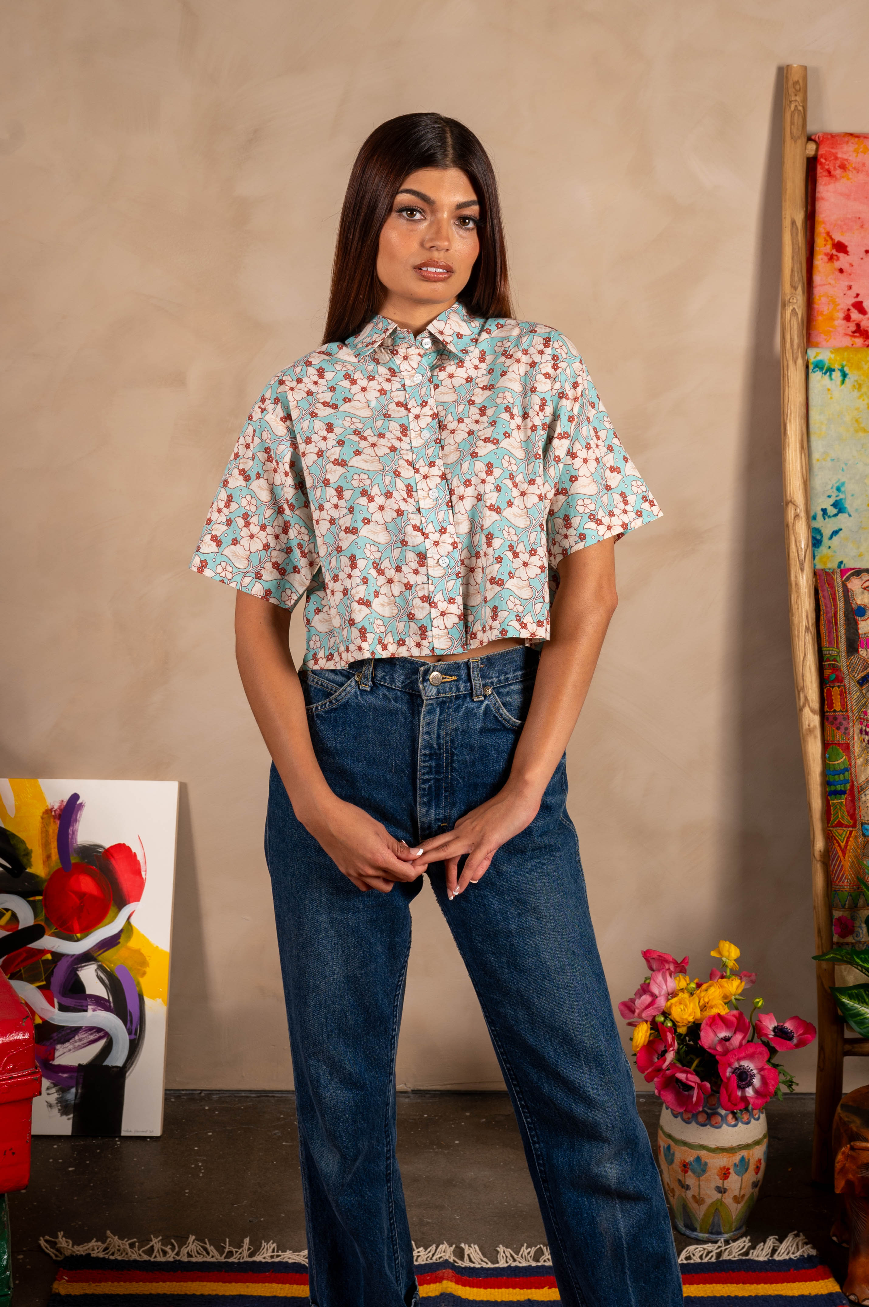 Hand Printed 'The Cami' Crop Shirt in Turquoise and White Floral