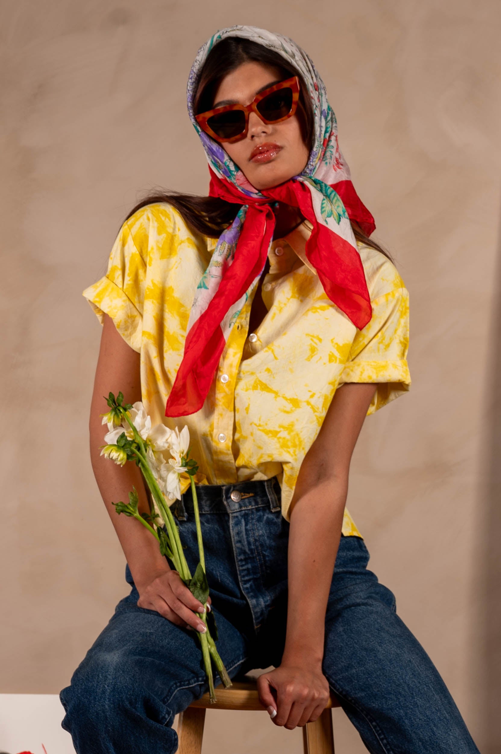 'The Michelle' Hand Dyed Short Sleeve Shirt in Yellow and White 'Citrus Splash' Tie Dye