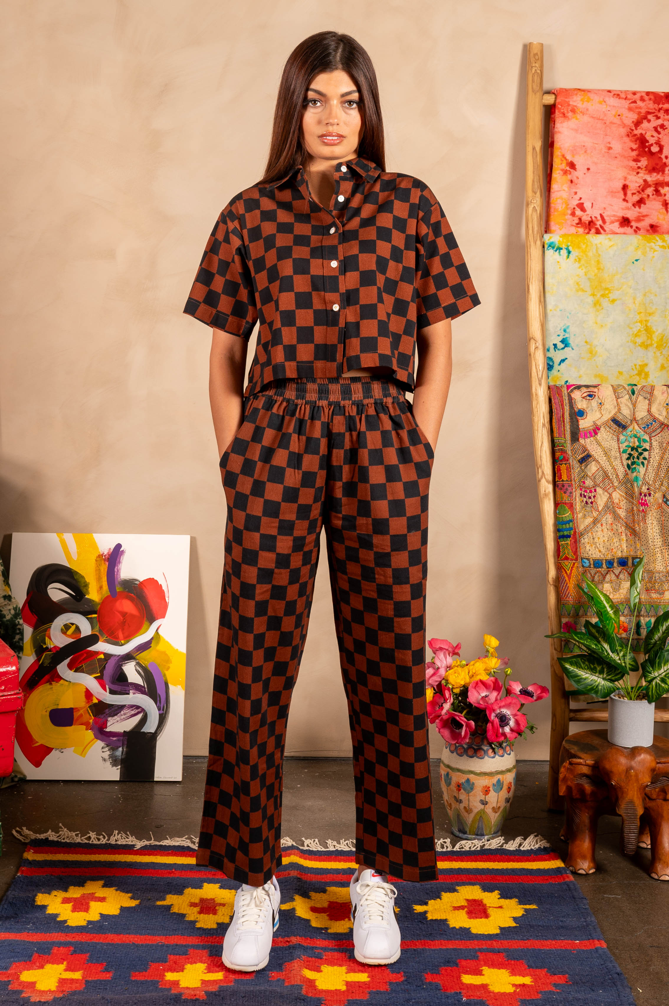 Hand Printed 'Seema' Pants in Chocolate and Black Chessboard