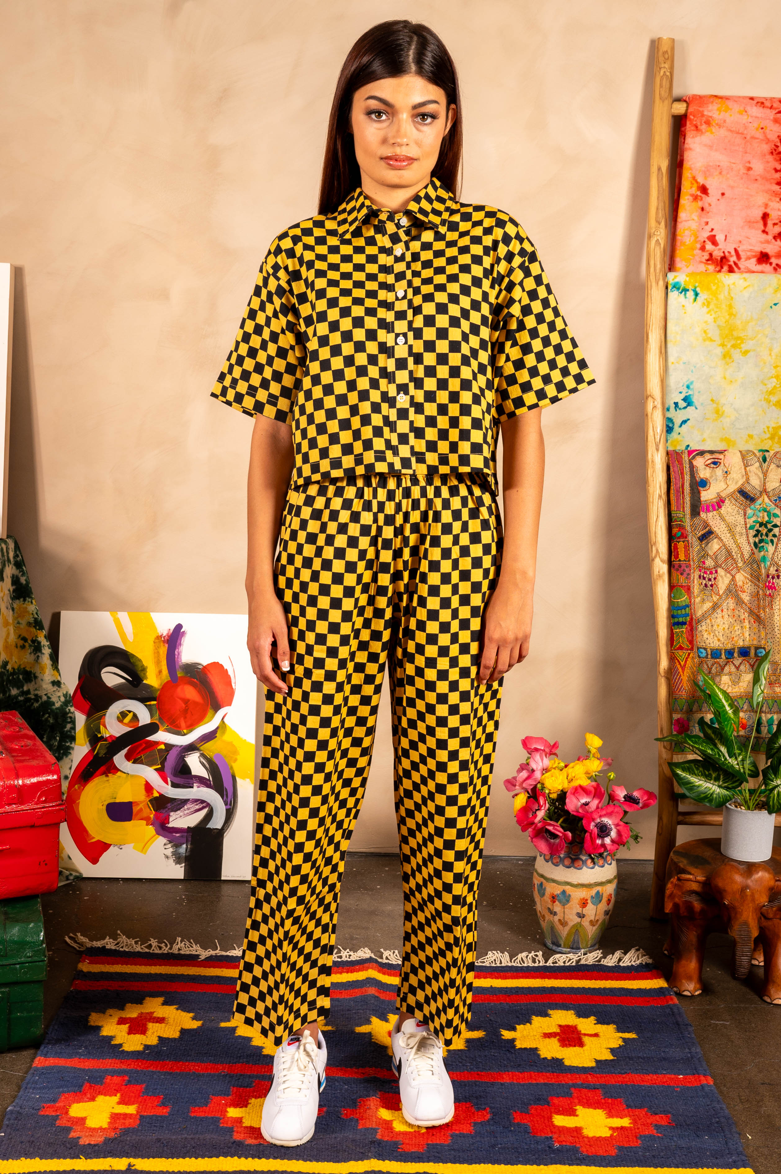 Hand Printed 'Seema' Pants in Black and Yellow Checkers