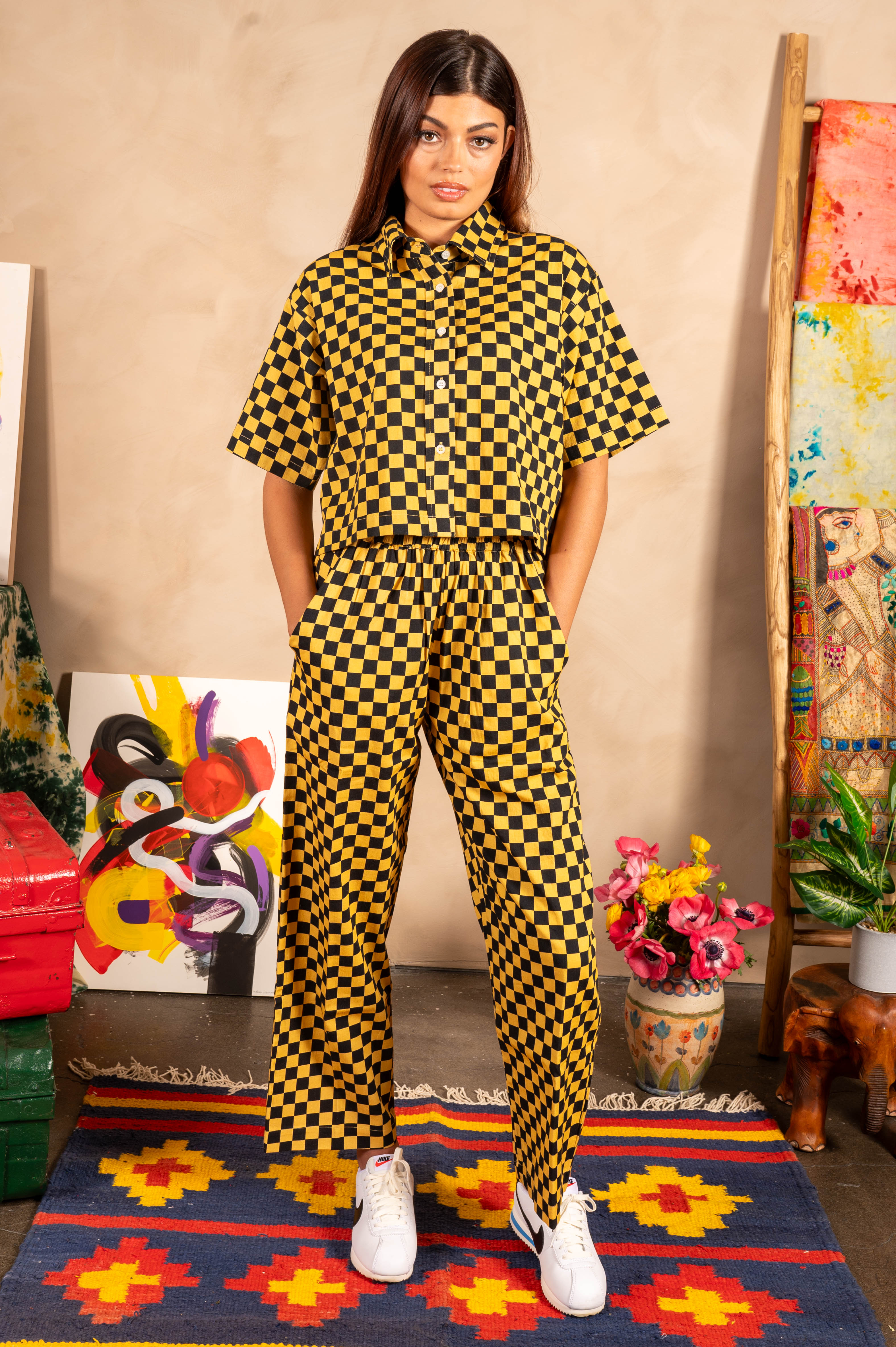 Hand Printed 'The Cami' Crop Shirt in Yellow and Black Checkers